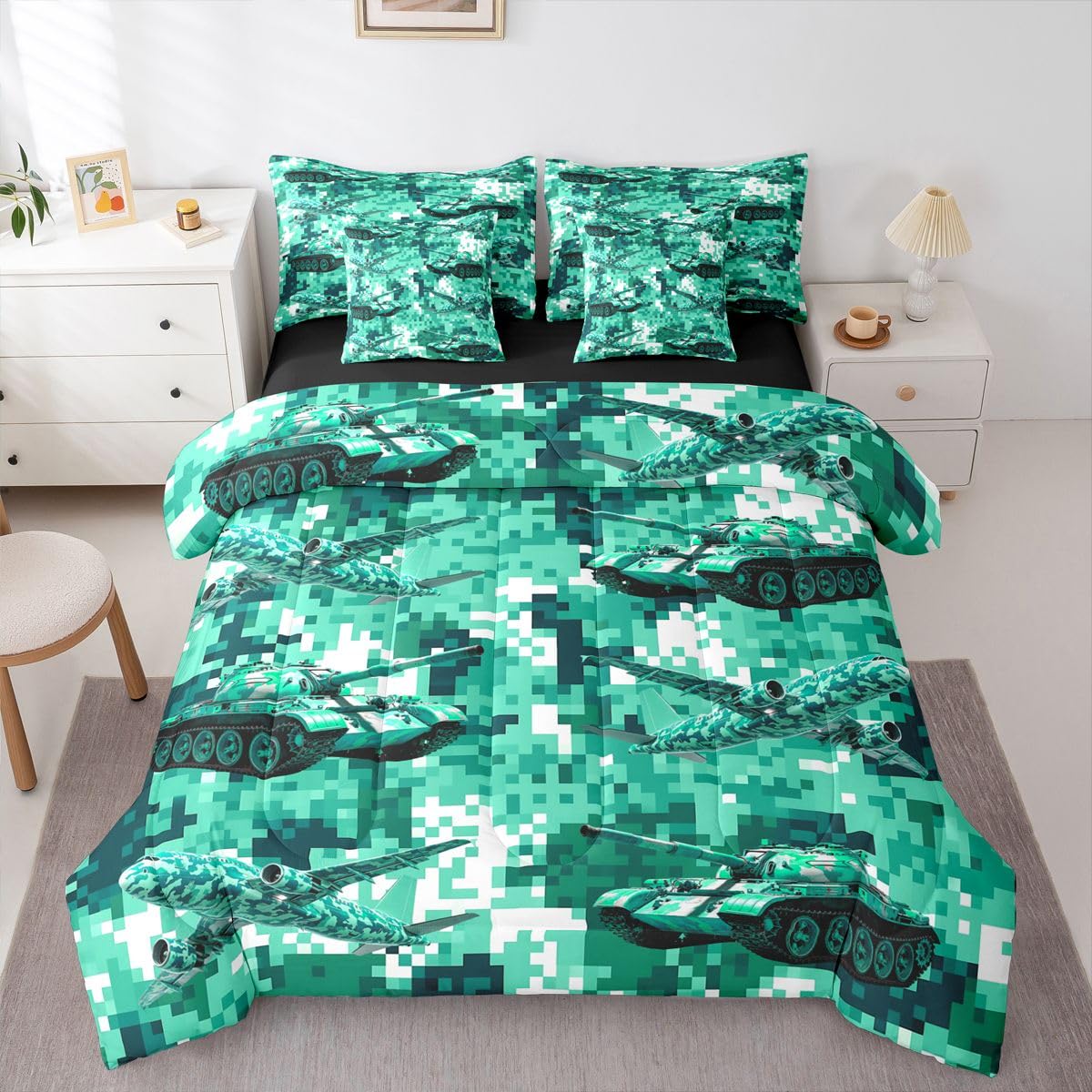 Erosebridal Camo Tanks Green Full Comforter Set 7 Pieces