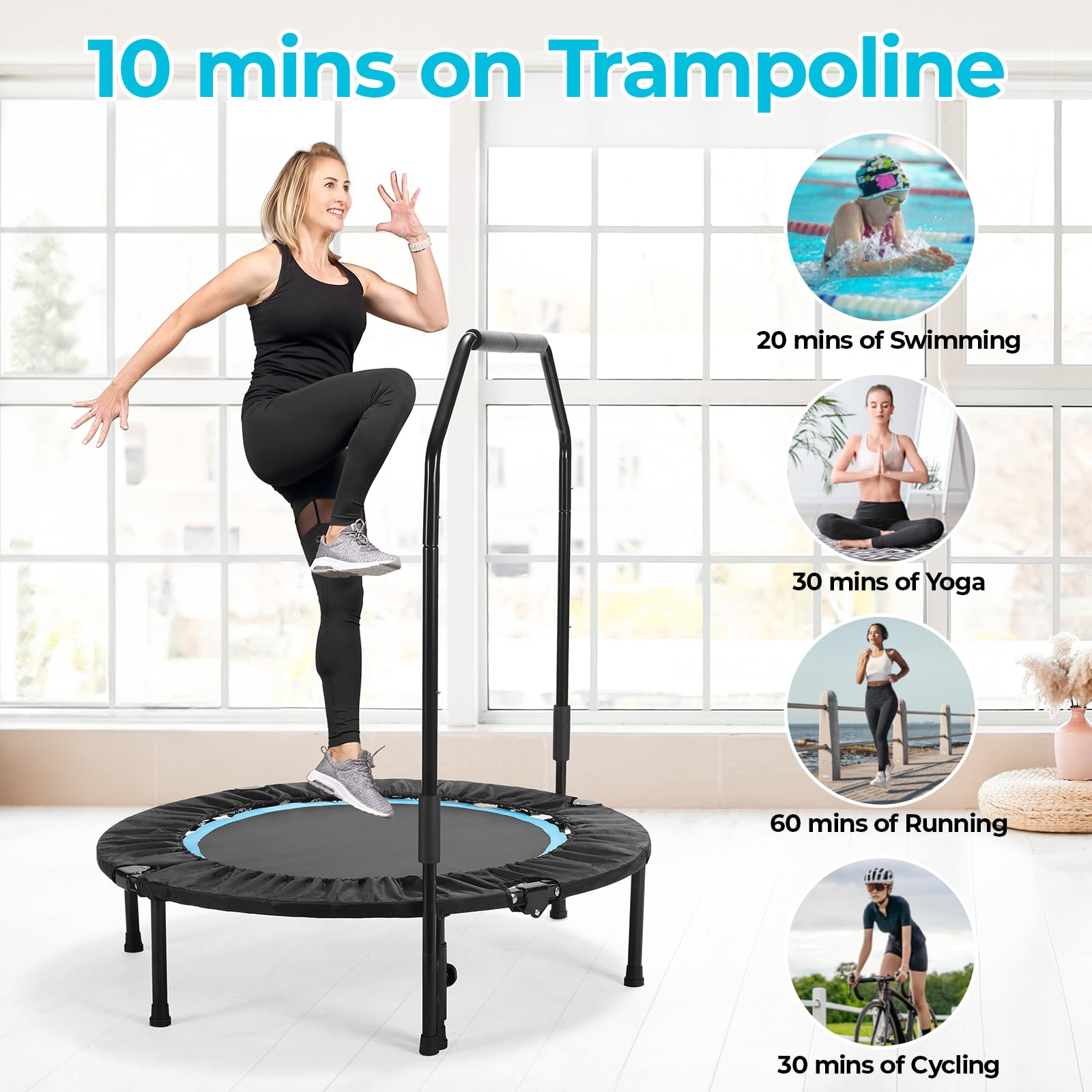 LIFERUN Trampolino fitness per interni, diametro 101 cm, capacità di carico 150 kg, rimbalzo per allenamento, con 3 livelli di maniglia regolabili, mini trampolino per adulti