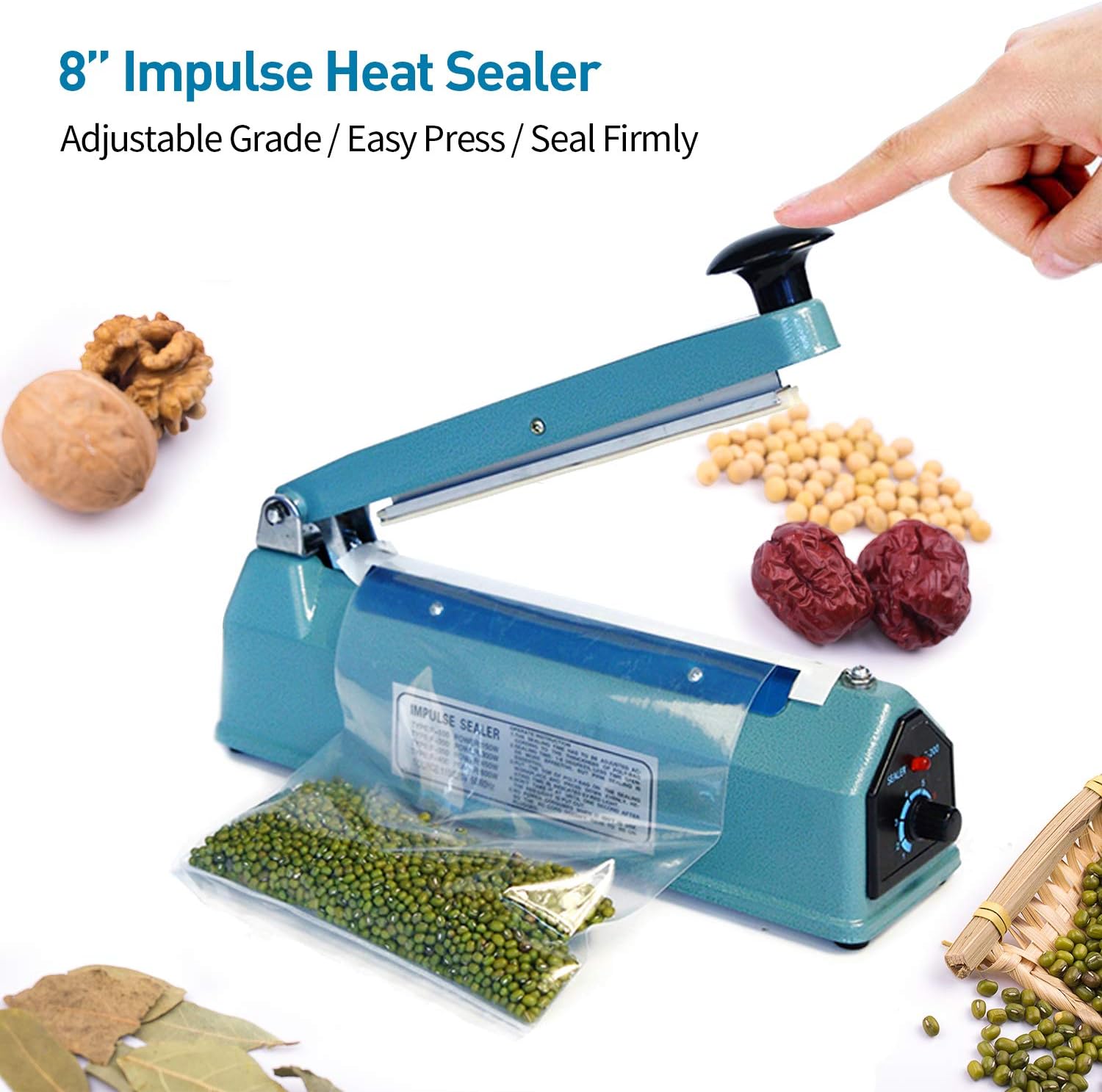 Exclusive Discount 90% Price 8 inch 200mm Impulse Bag Sealer, Manual Bag Sealer Heat Seal Closer, Adjustable Timer Electric Heat Seal Closer Packaging Sealer with 2 Free Replacement Kit, Blue