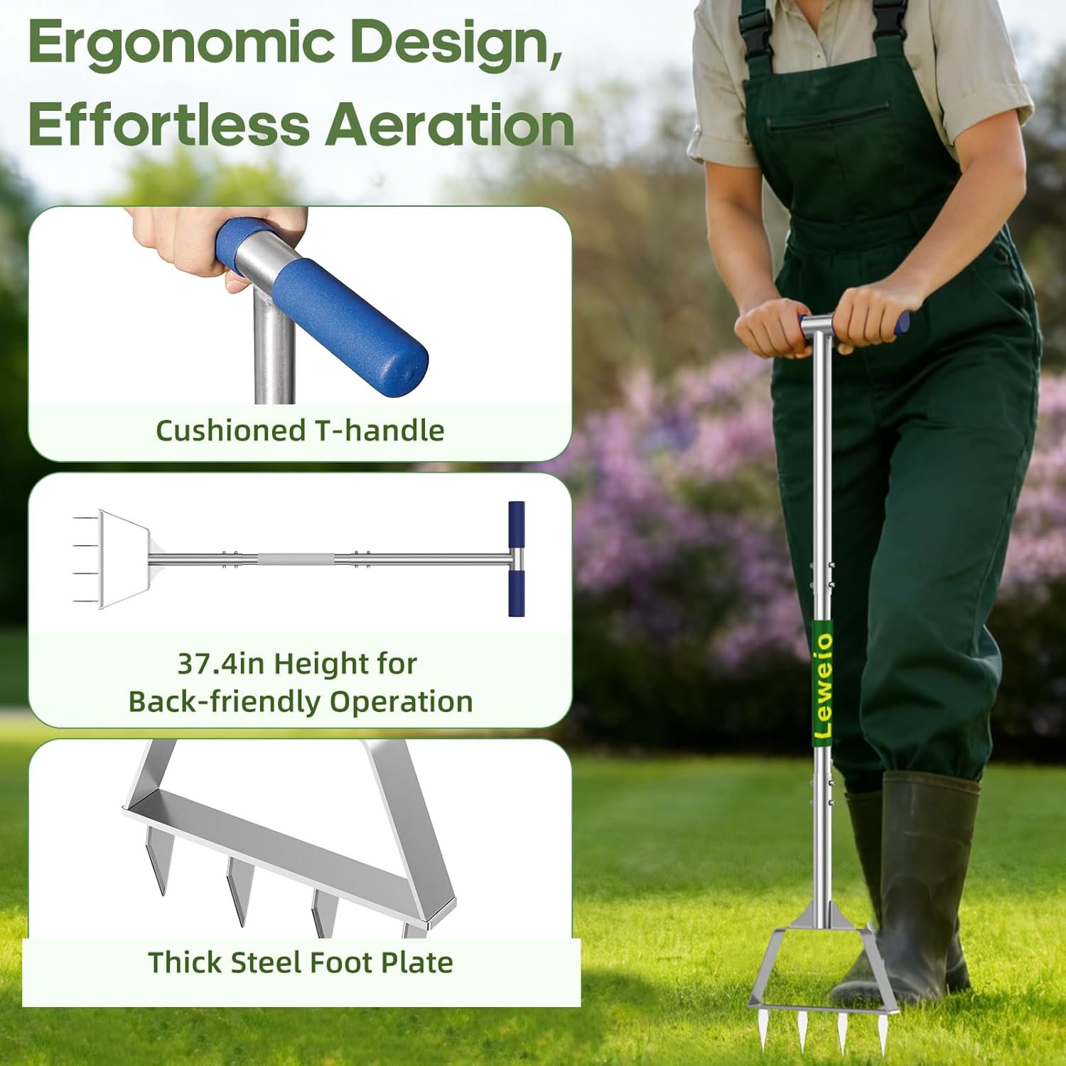 Manual Lawn Aerator Spike Tool, Semi-Assembled, Non-Clogging Spike Aerator with 4 Steel Spikes, Ergonomic Handle & Reinforced Welding for Compacted Soil Loosening & Yard Aeration - Green