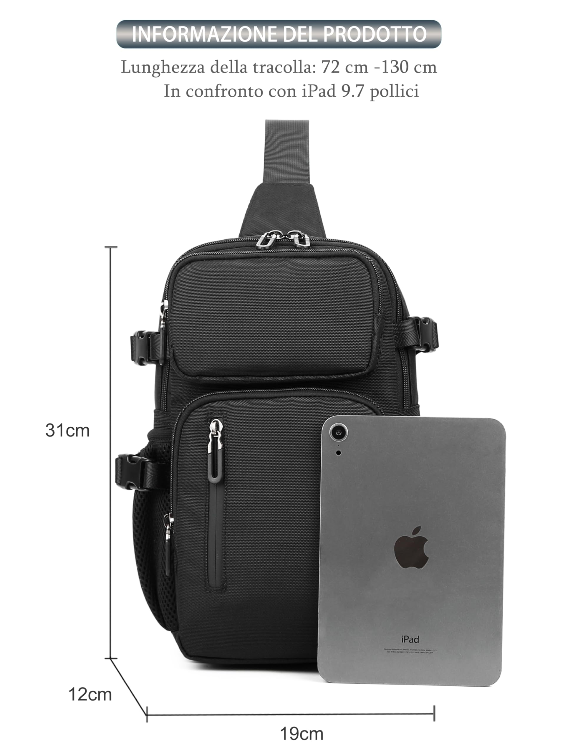 Zaino Monospalla sportivo da Uomo, Zainetto a Tracolla in nylon oxford resistente, Borsello a Petto con Tasca antifurto Crossbody Bag Nero