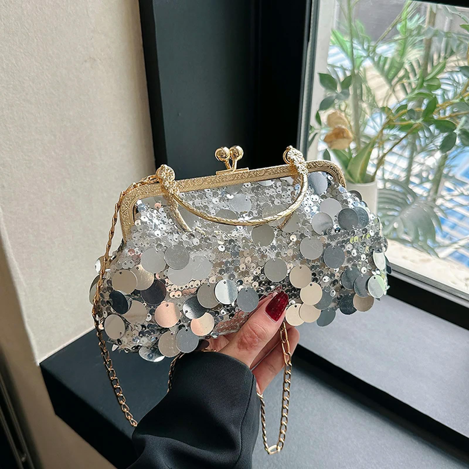 Clutch-Tasche Frauenabendkupplung Hochzeit Gold Pailletten Kupplung Kettenumhängende Umhängetasche Kleine Party -Tasche Tasche-silber-23 cm 6 cm 13 cm