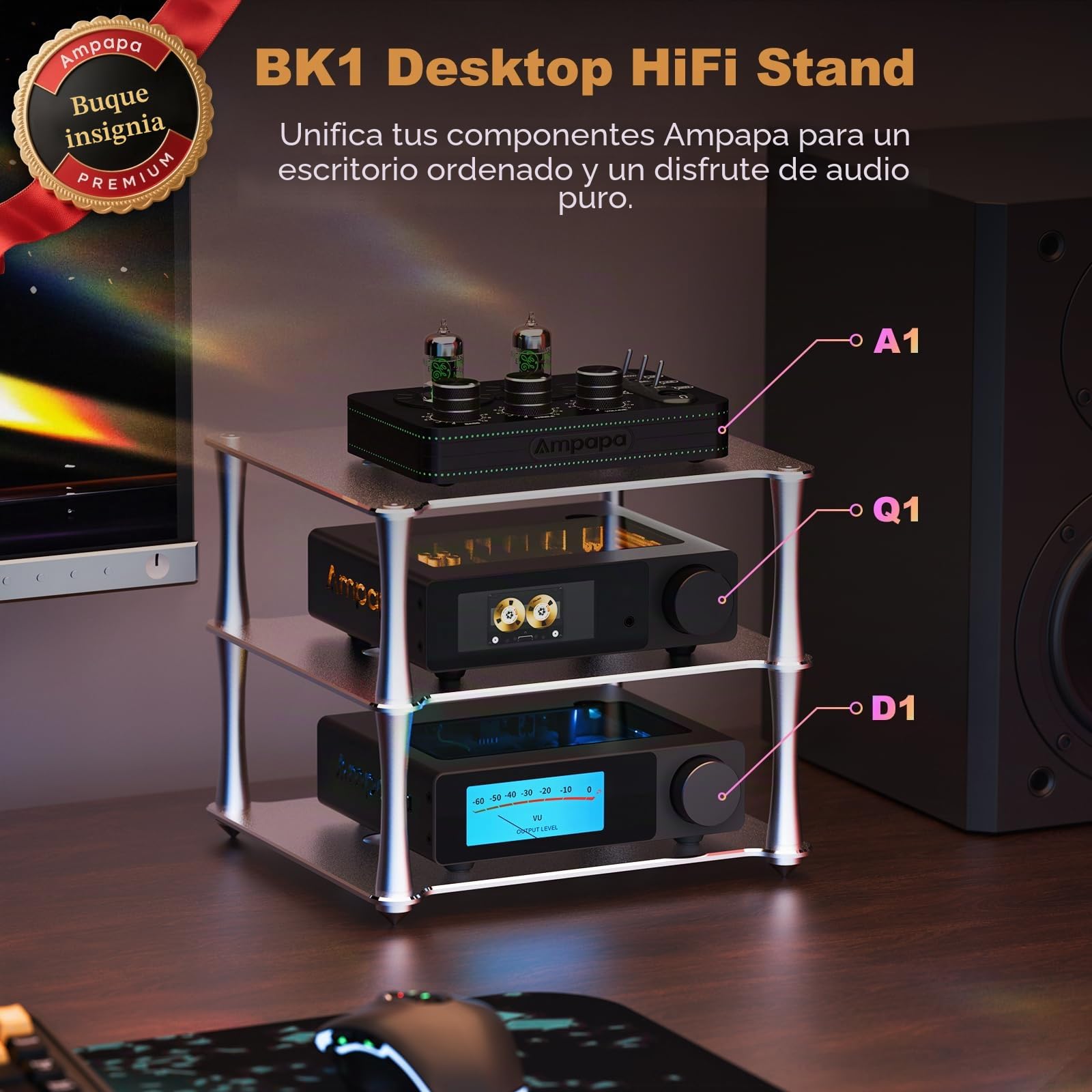 BK1 - Soporte de escritorio de aluminio para amplificador A1/D1/Q1, DAC