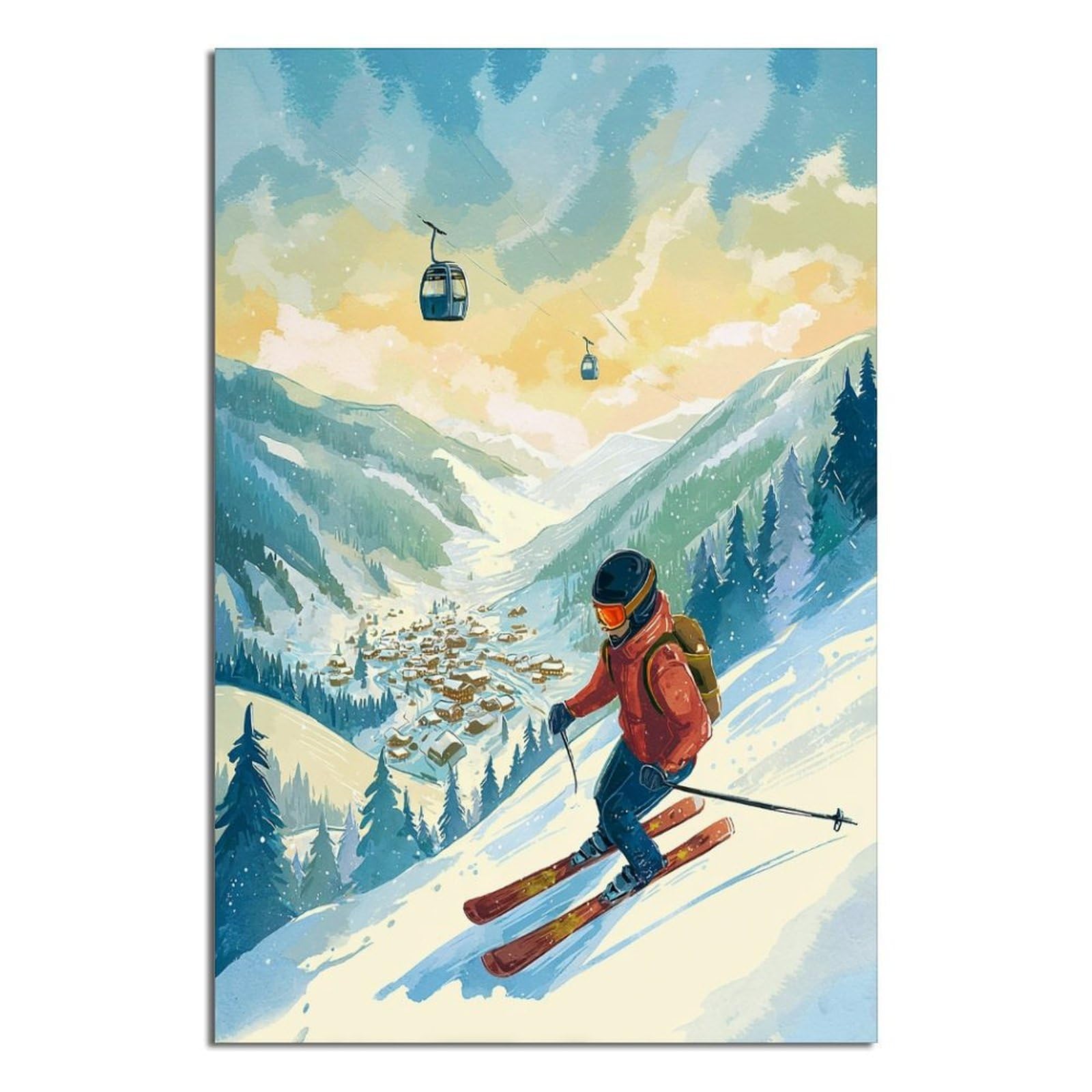 CFXNGA Saalbach Hinterglemm Austria Ski Posters 24x36inch(60x90cm) Vintage Watercolor Canvas Art