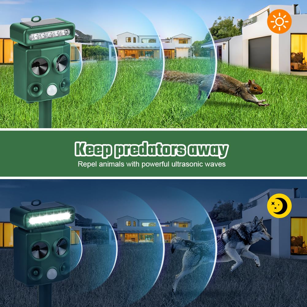 AOOWU Repelente para Gatos, 4 Modos Disuasión Solar Ultrasónico, Ahuyentador de Gatos IPX6 Impermeable, Carga USB Repelente al Aire Libre para Animales con LED Lámpara, Repelene Perros, Pájaros, Gatos