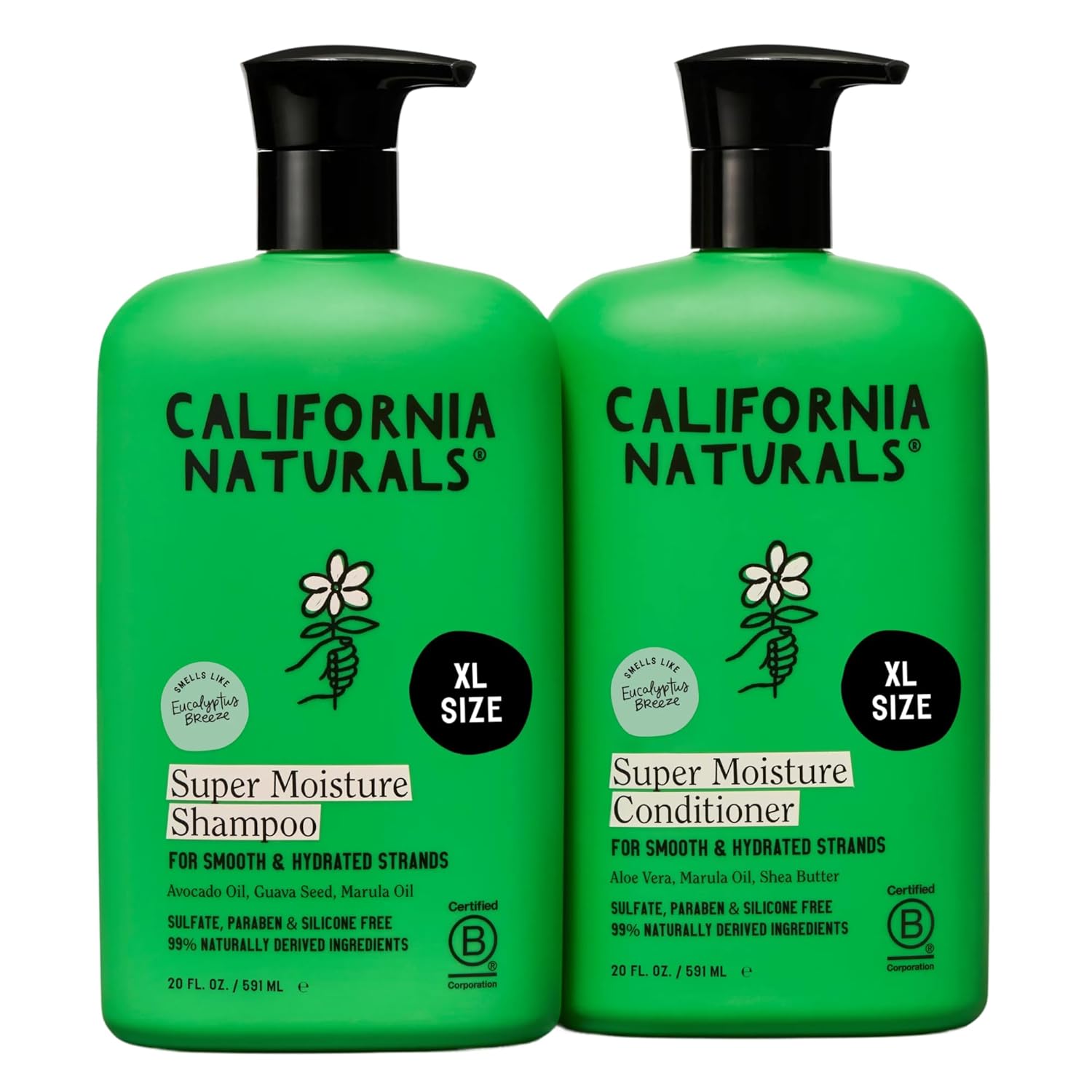 California Naturals Eucalyptus Breeze Moisture Shampoo and Conditioner Set for Dry Damaged Hair, Hydrating, Scalp & Hair Care, Natural, Vegan, Cruelty, Paraben & Sulfate Free, Color Safe, 20 fl oz