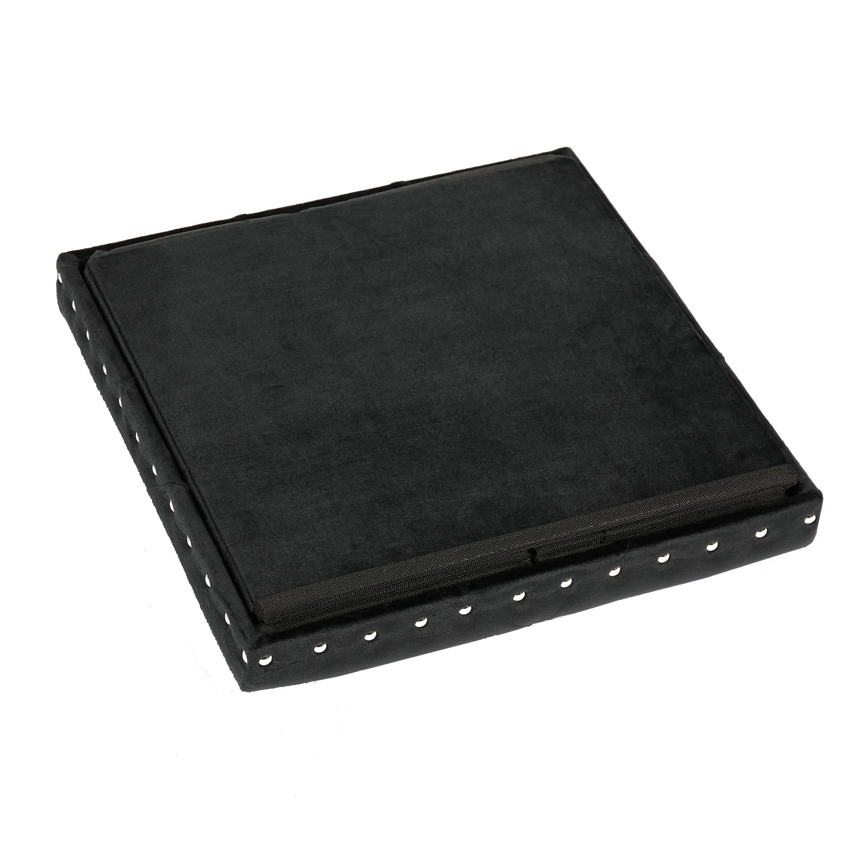 PINPLUS Folding Storage Ottoman Cube with Rivet Design,Small Velvet Tuffed Foot Rest Stool, Padded Seat for Living Room,Shoes Box Toy Chest Black (15.7"x15.7"x15.7")
