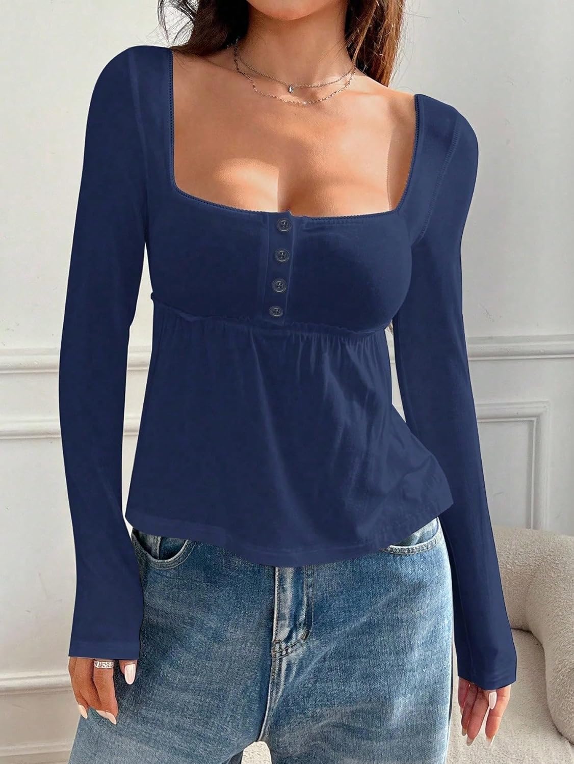 SOLY HUX Women's Babydoll Tops Long Sleeve Henley Shirts Cute Square Neck Coquette Peplum Top - Image 4