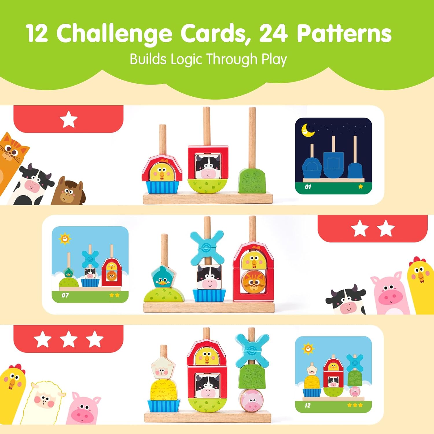 hahaland Montessori Wooden Brain Building Block for Toddler 1-3 Stacking Toy Day & Night Puzzle Game with 24 Challenges Toddler Lacing Stringing Beads for Ages 1 2 3 Preschool Learning Activities