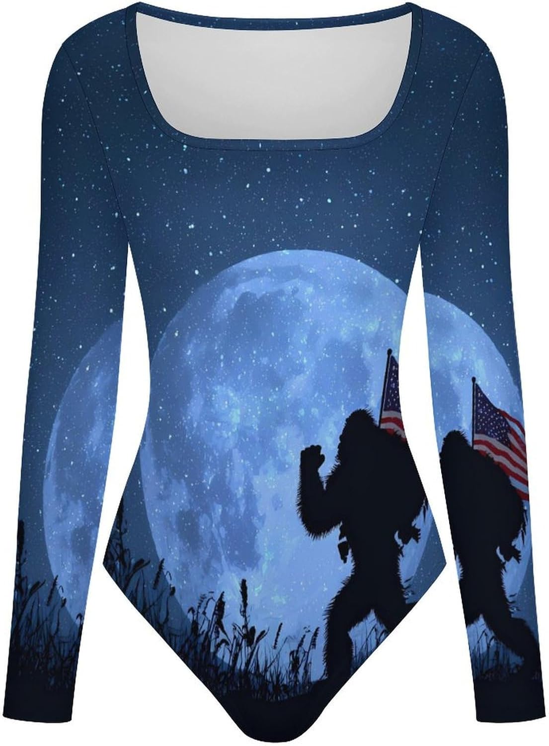 US Flag Bigfoot Sasquatch Women's Bodysuits Long Sleeve Top 5XL