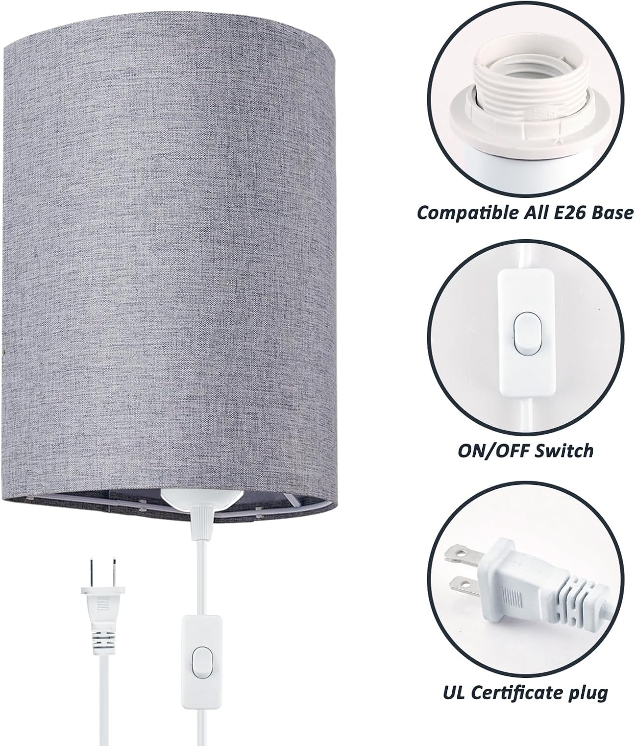 Wall Sconces Set of 2, Plug in Wall Sconces with On/Off Switch, 3-Color Selectable (3000K/4000K/6000K), Fabric Linen Lamp Shades, No Wiring Required, Ideal for Bedroom, Living Room, and Porch (Grey)