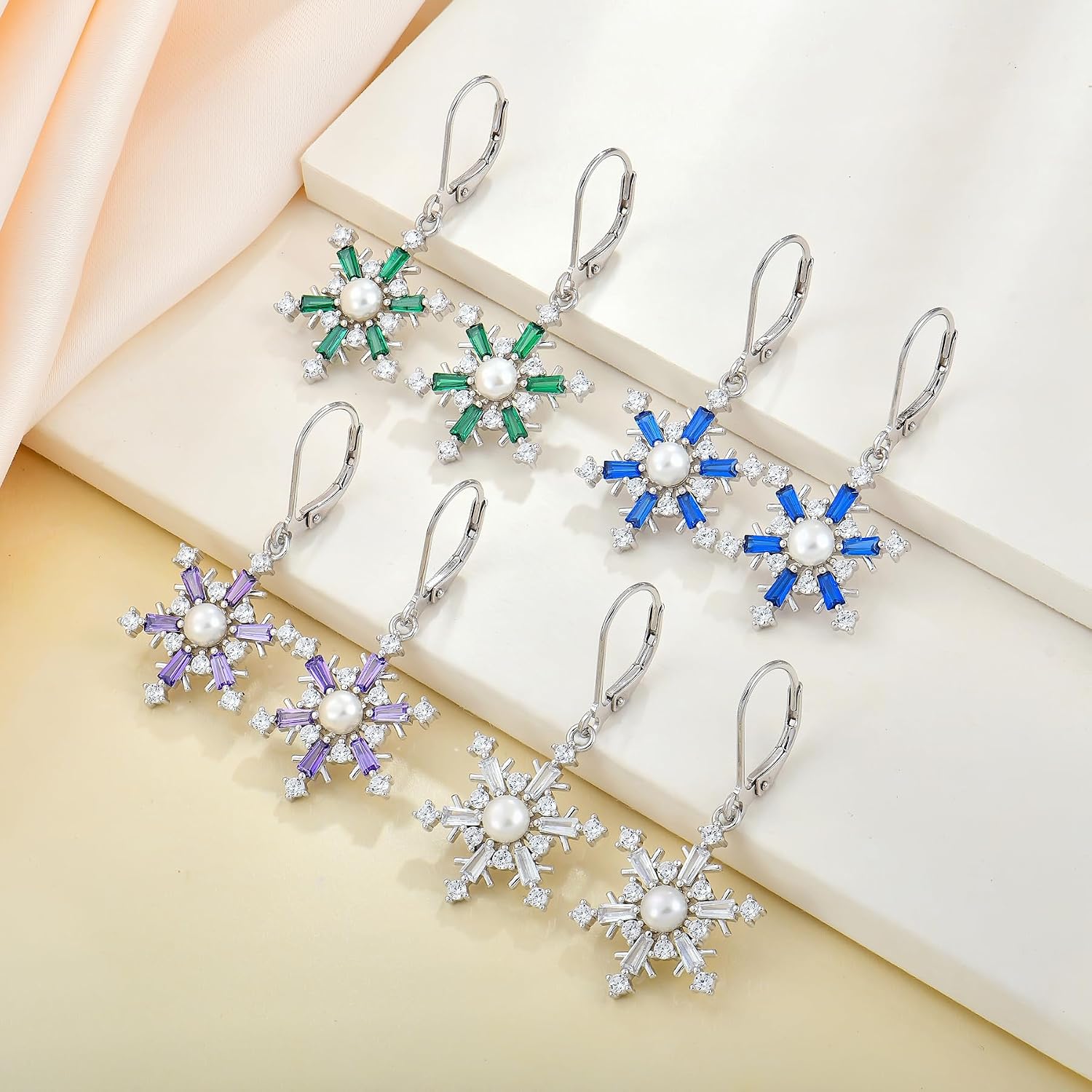 YL Snowflakes Earrings Sterling Silver Freshwater Cultured Pearl Dangle Earring Birthstone Christmas Jewelry for Women