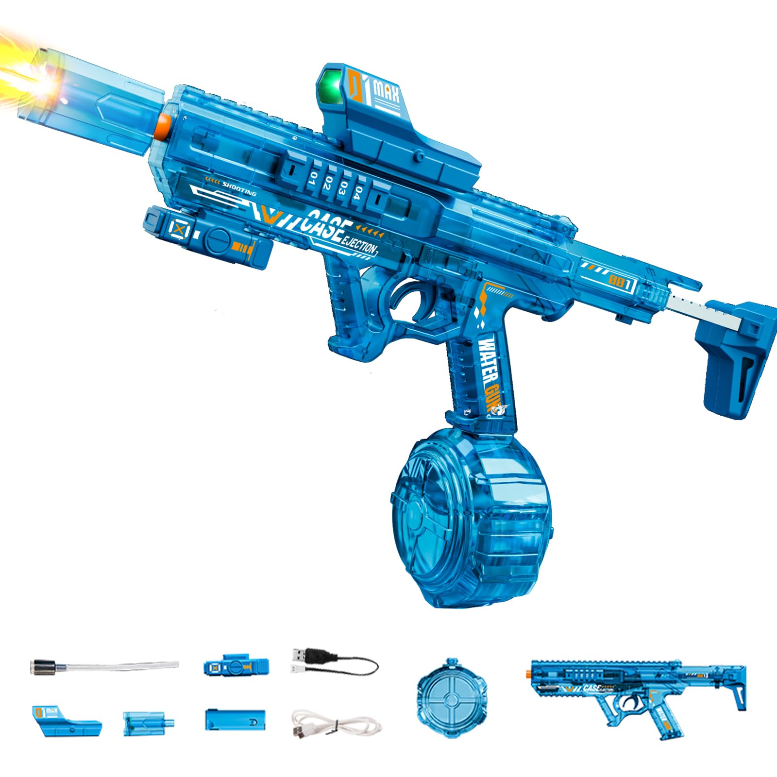 Rechargeable Electric Water Gun, Automatic Water Blaster with Detachable Muzzle, Dual Water Filling, 150+ Shots Large Drum Tank, LED Water Gun Toy with Recoil for Kids Adults Pool Beach - Blue