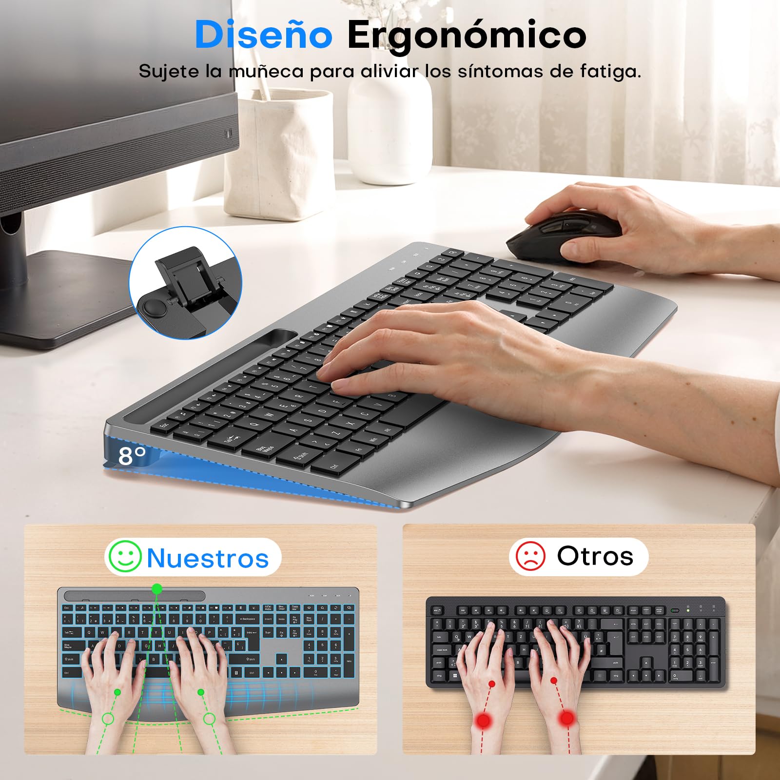 OMOTON Teclado Inalámbrico Ergonómico Reposamuñecas QWERTY Español 2,4G | Recargable, Teclado Silencioso, 7 colores retroiluminación, Soporte móvil, Oficina estudio, para Windows y Linux