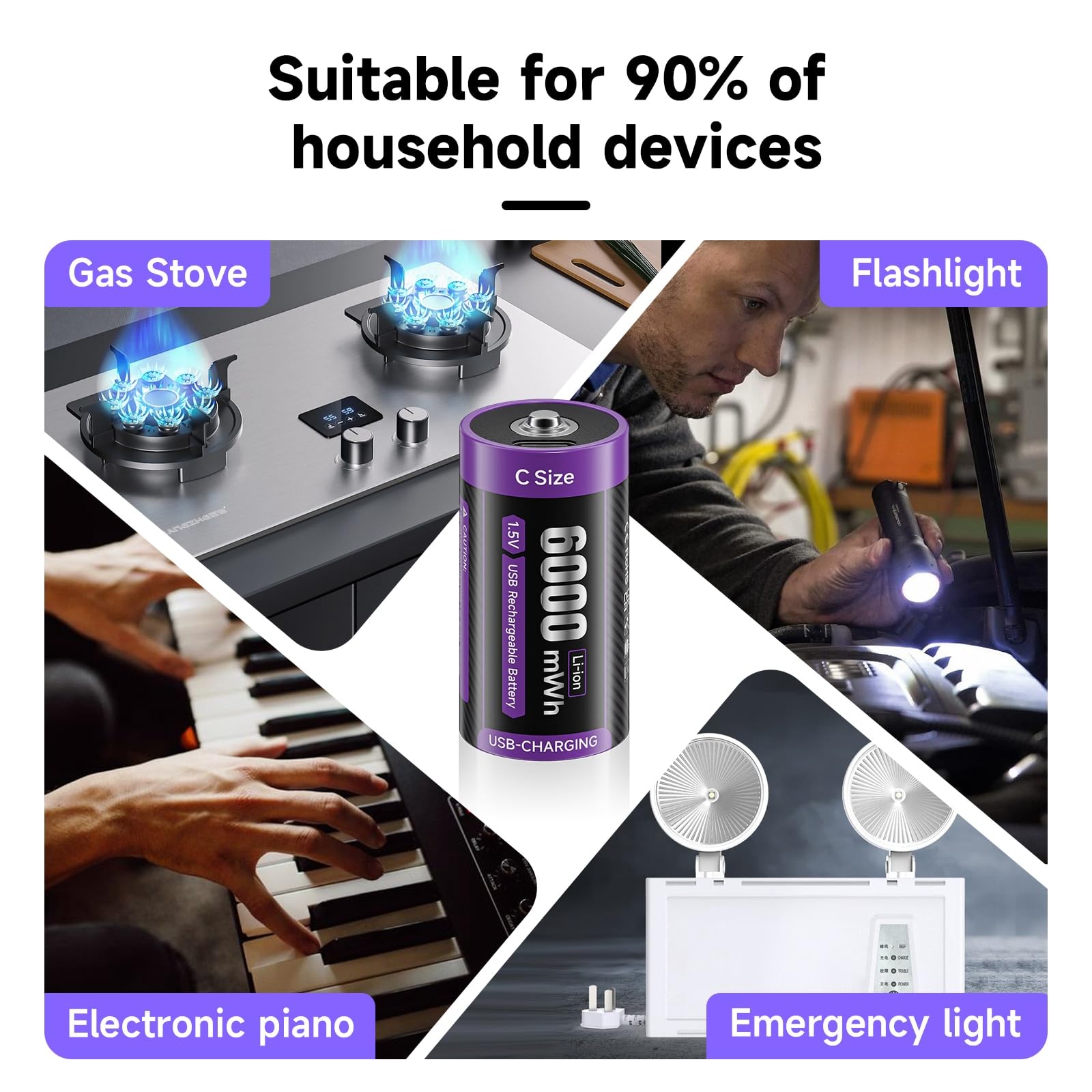 Batterie C ricaricabili da 1,5 V 6000 mWh LR14 C Batterie al litio USB-C con cavo di ricarica di tipo C, bassa autoscarica, con luce di ricarica, oltre 1500 cicli, confezione da 6