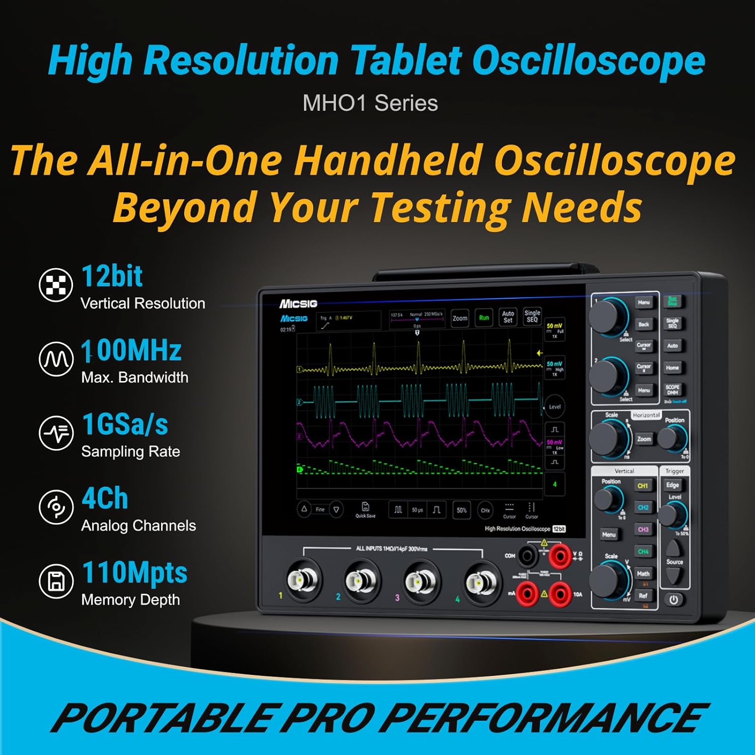 Micsig MHO14-100 Tablet Oscilloscope showing key specifications
