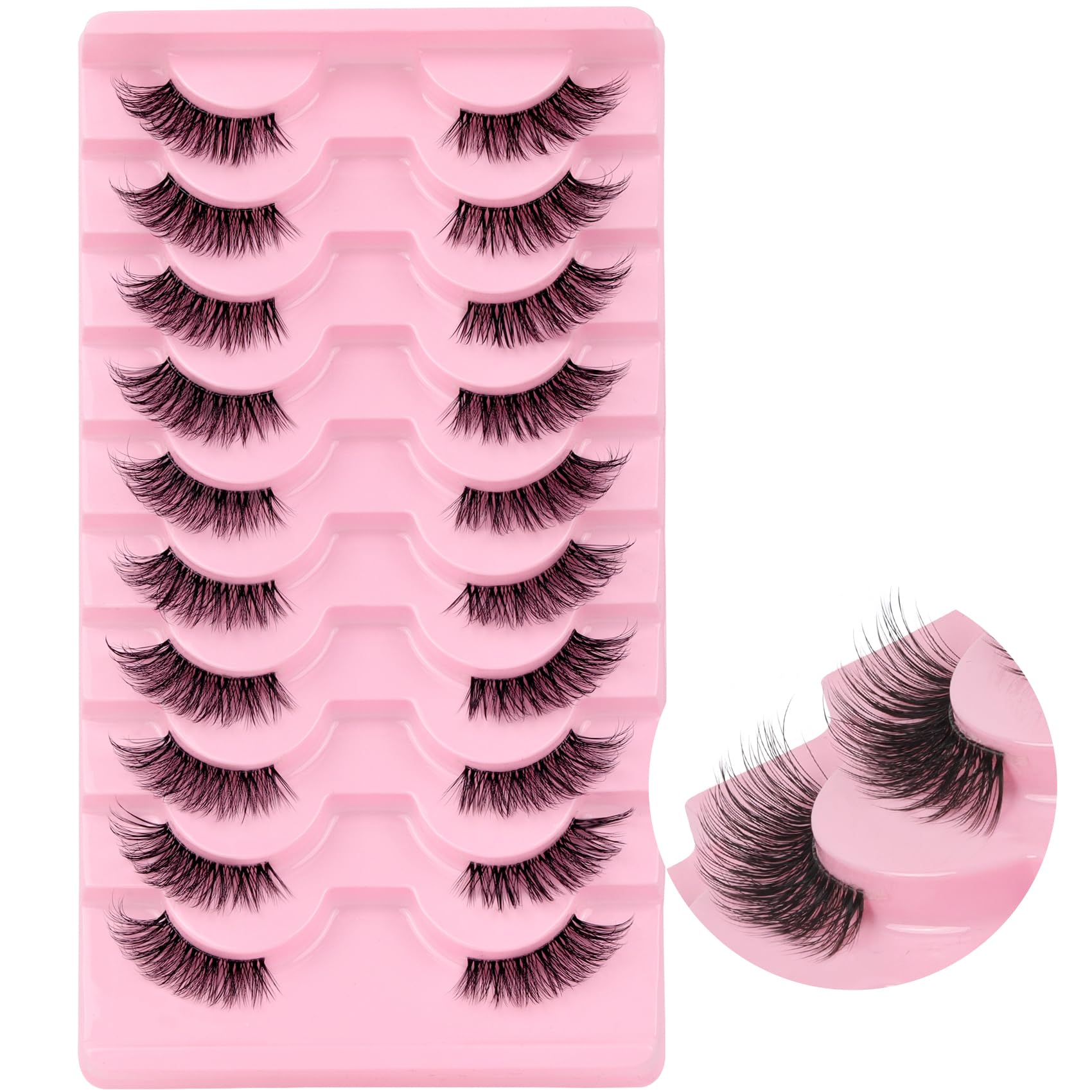 Ahrikiss Half Lashes Natural Look 10 Pairs Wispy Cat Eye Lashes 10mm 3D Fluffy False Eyelashes with Clear
