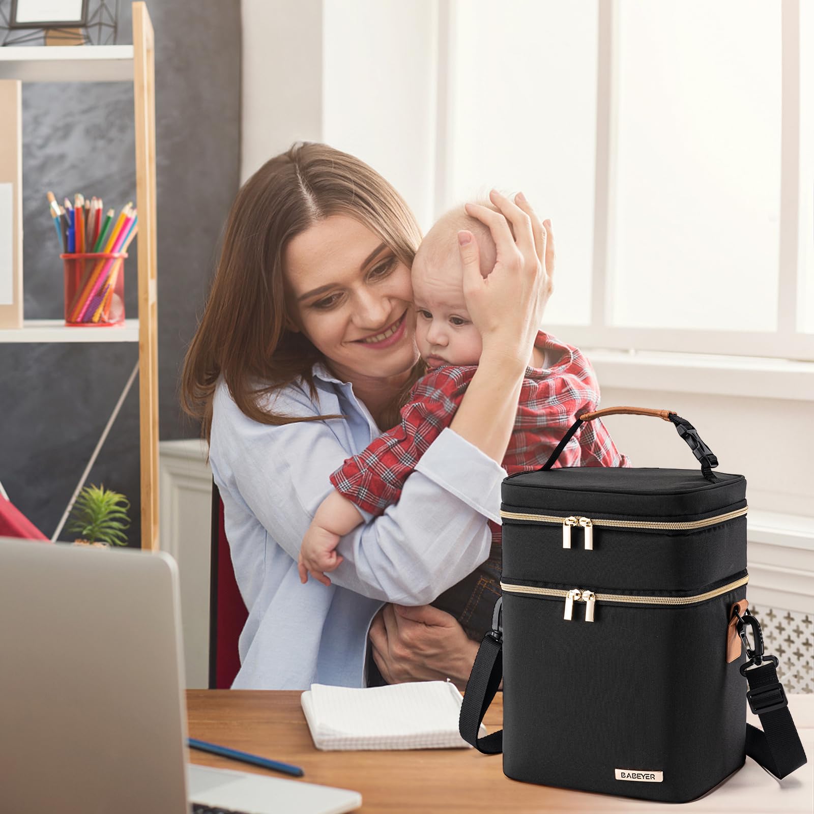 Muttermilch-Kühltasche mit Eisbeutel für 6 Babyflaschen bis zu 9 Unzen, auslaufsichere Doppelstock-Babyflaschen-Tasche mit Schulterriemen für stillende und arbeitende Mütter, schwarz
