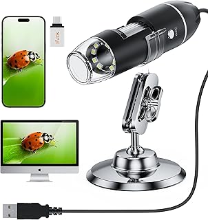 Digital Microscope Camera, USB Microscope 1600x Magnification with Stand & 8 LED, Compatible with Android Windows Mac Computer, Handheld Microscope for Kids Students Adults