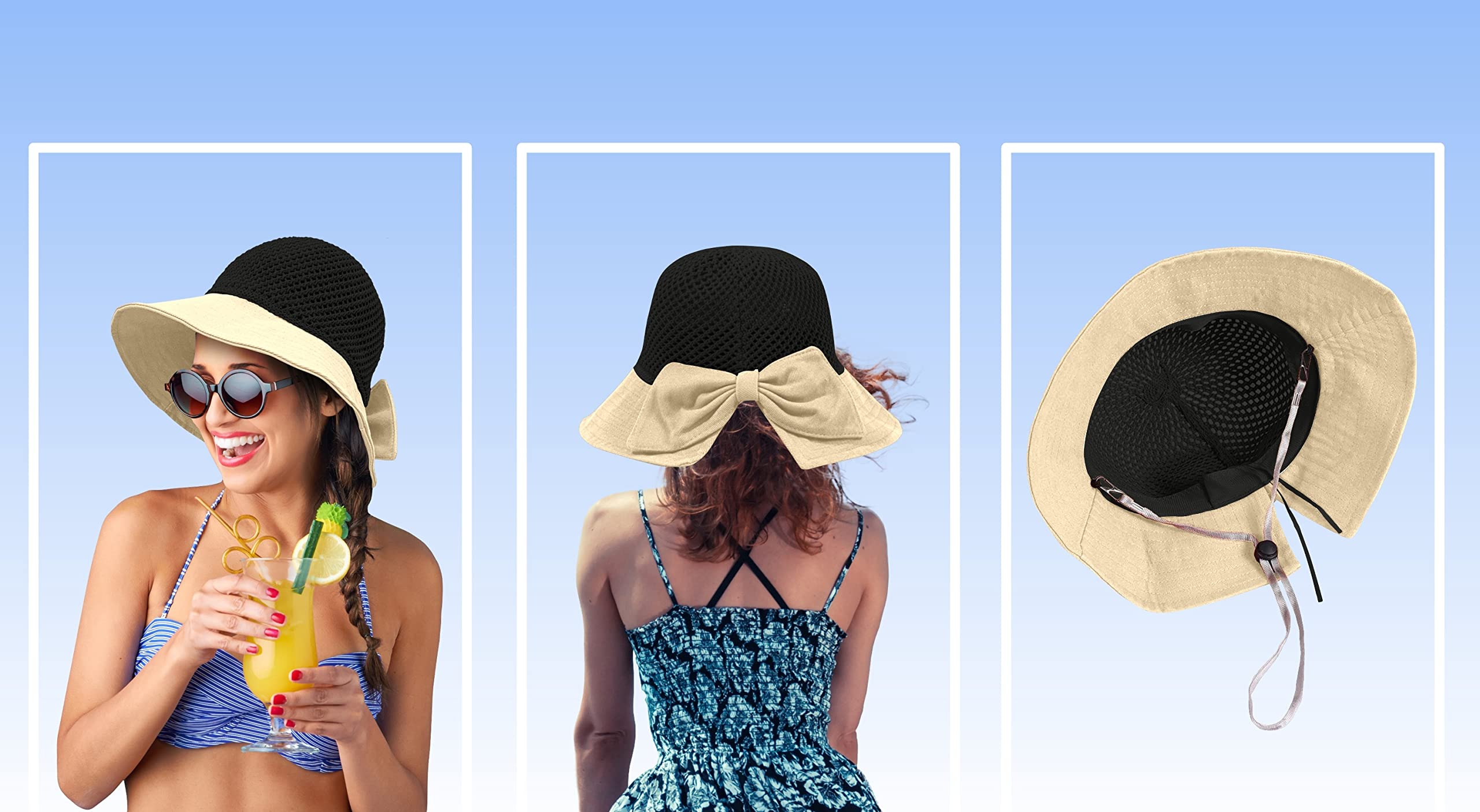 Sombrero de paja para mujer, ala ancha, protección UV UPF 50+, plegable, plegable, plegable, plegable, plegable, con lazo y correa para la barbilla, A Beige / Negro, Talla única 2