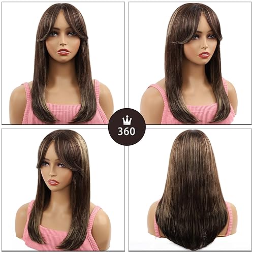 Miniatura 8 de NATAGHAIR Peluca larga marrón con flequillo de cabello humano  Peluca lacia 100% cabello virgen Remy rizado pelucas para mujeres blancas y negras,