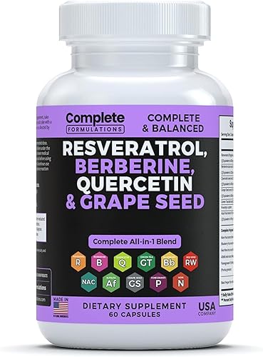 Suplemento de resveratrol con quercetina, berberina, extracto de semilla de uva y mezcla de polifenoles para la salud de la piel, apoyo inmunológico