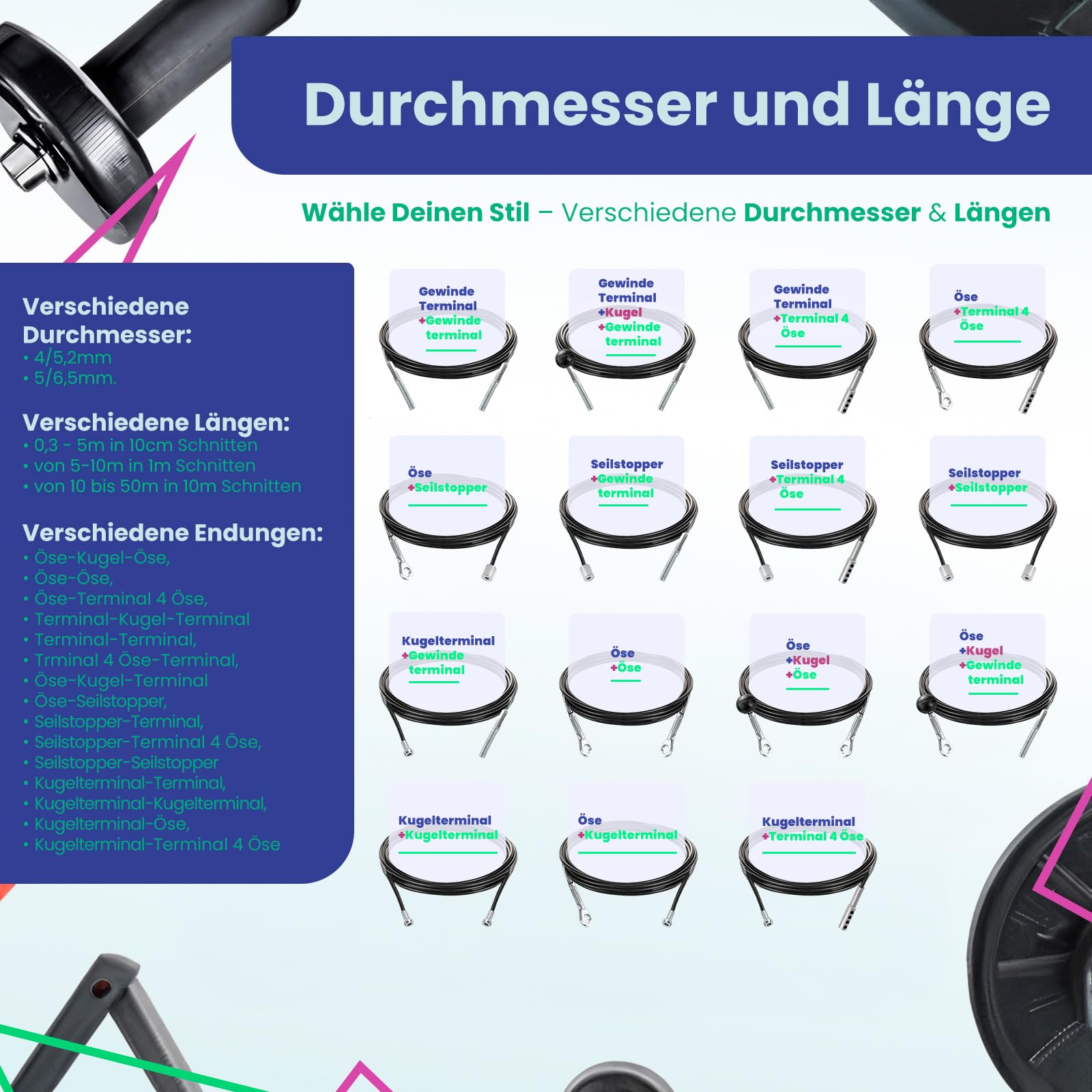 DQ-PP Stahlseil ummantelt mit Öse und Kugelterminal – 7x19 – Drahtseil – Gym Kabel – Schwarz – Fitness