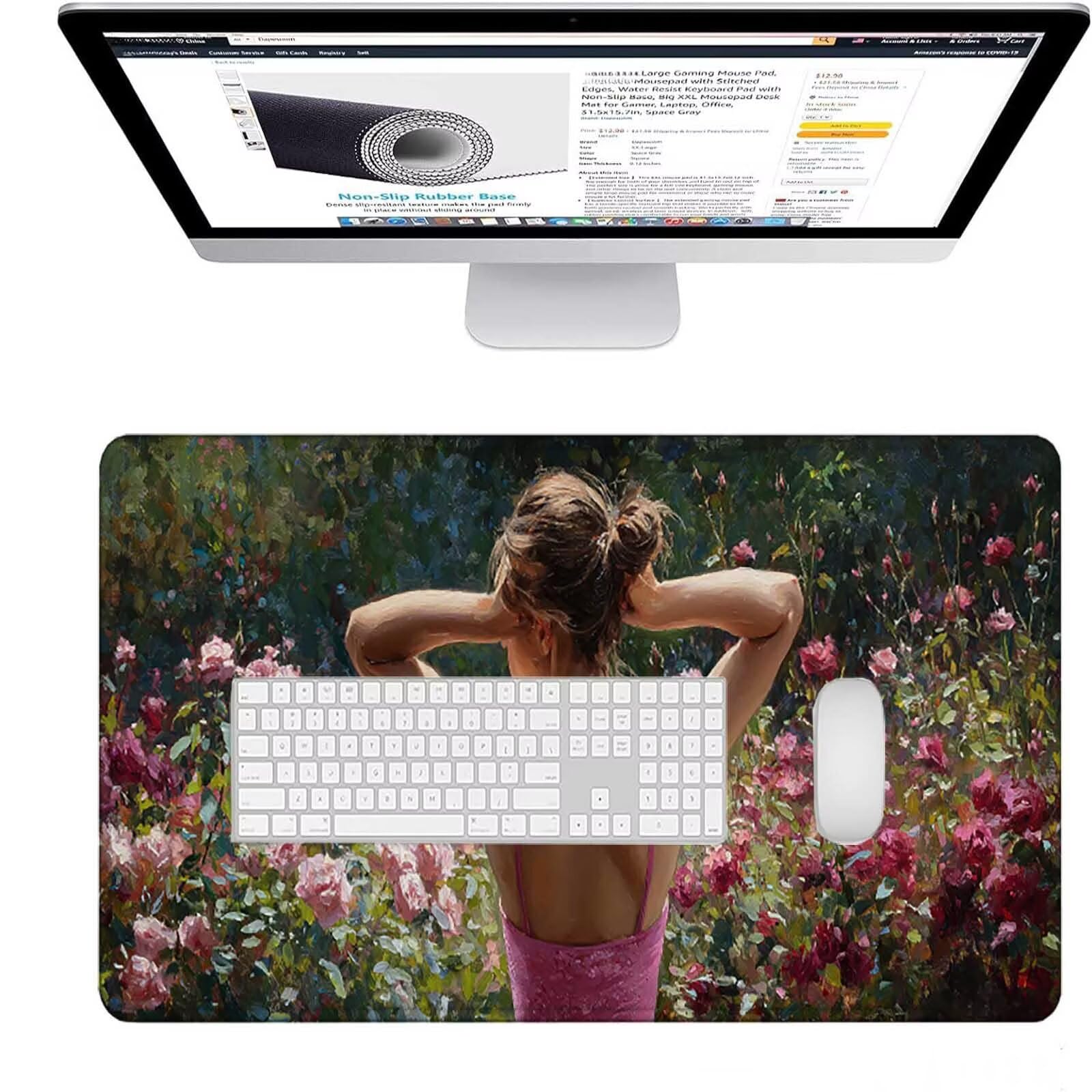 Różowa podkładka pod mysz 1200 x 600 x 3 mm duża podkładka pod mysz XXL kwiat pod mysz do biura dla graczy, zszyte krawędzie, antypoślizgowa gumowa podkładka pod mysz do komputera, komputera