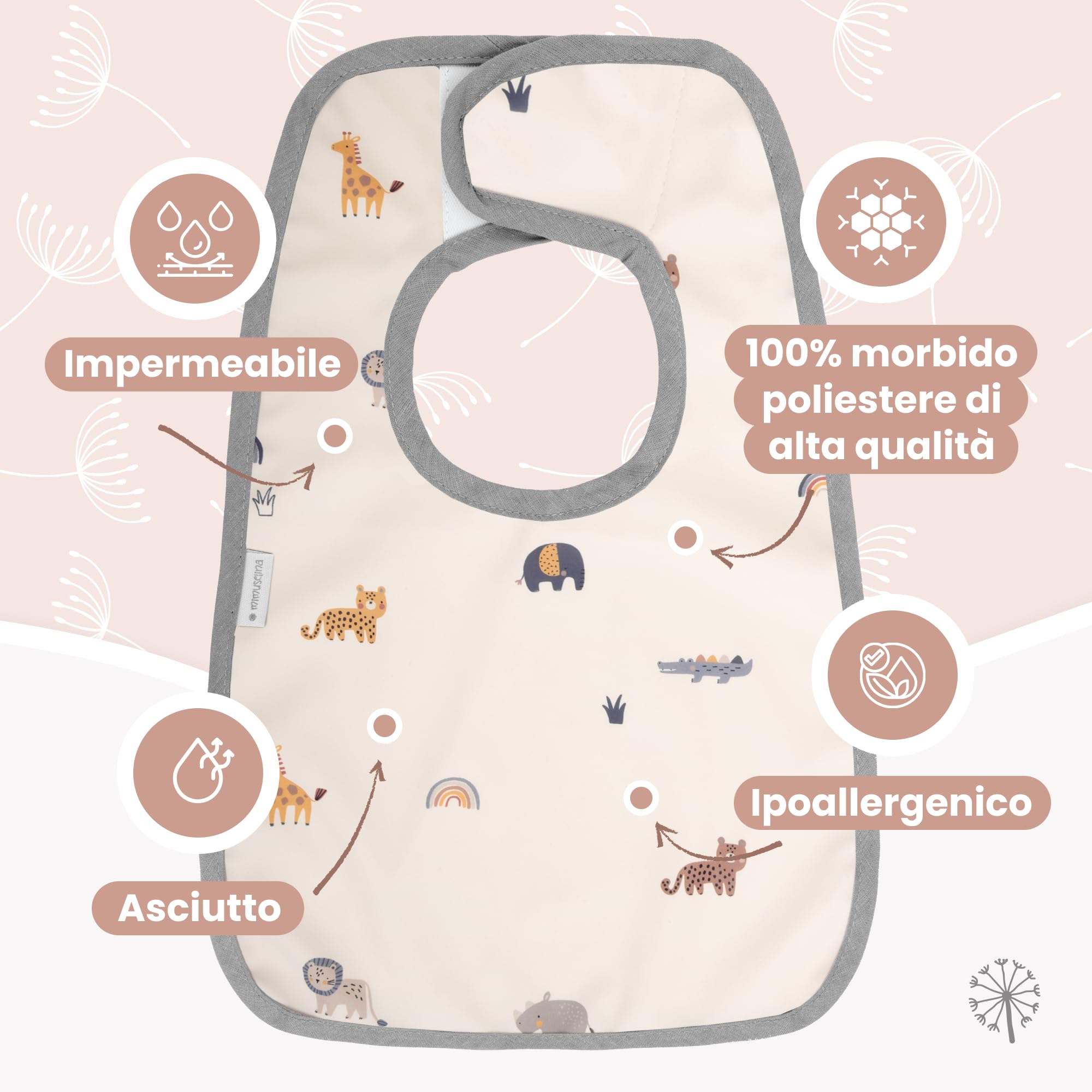 Set di 2 Bavaglini Neonato Impermeabili MIMUSELINA | Bavaglino Pappa Svezzamento Comodo | Prodotto in Spagna