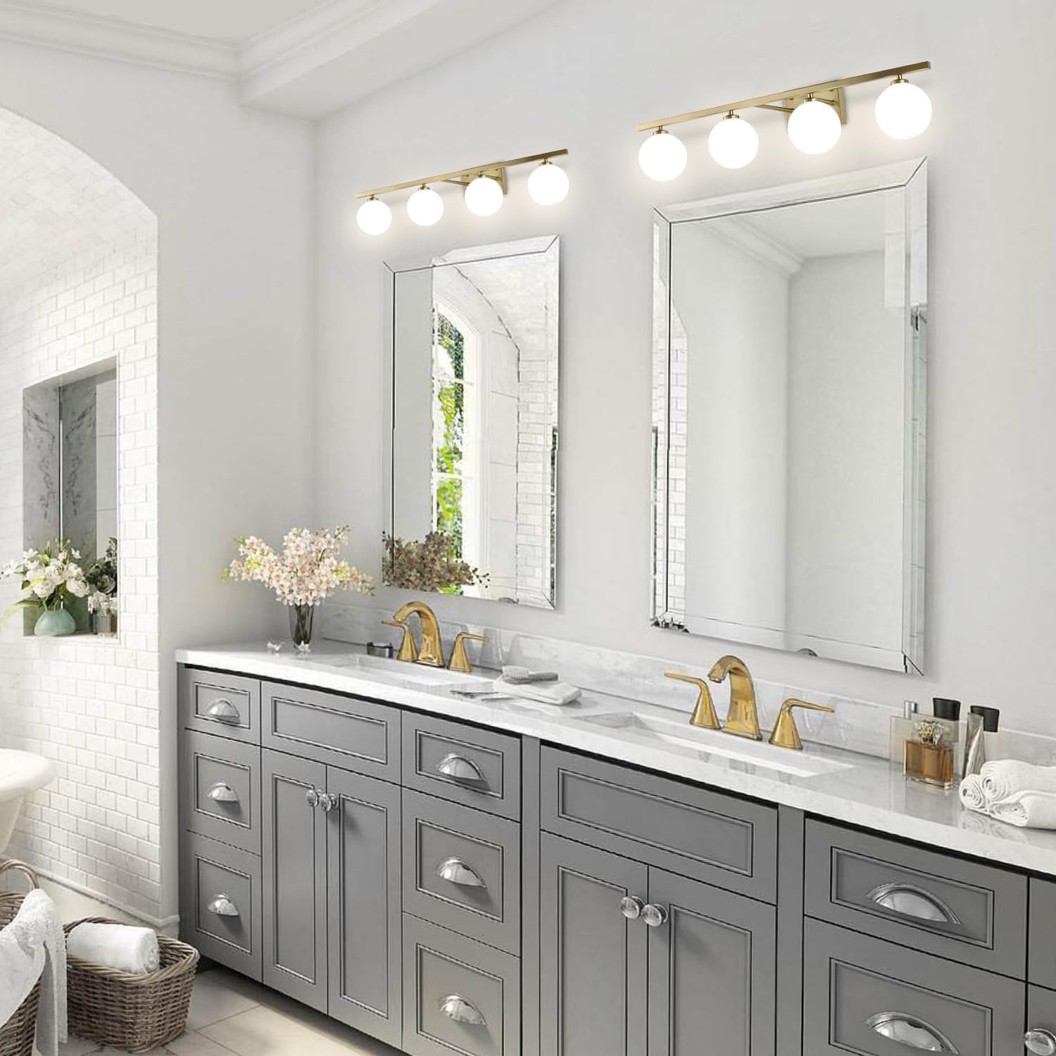 KCO Lighting 4 Light Bathroom Vanity Light Brushed Gold Bathroom Vanity Light Fixture Milk Glass Bathroom Vanity Light Over Mirror Mid Century Modern Globe Wall Sconce