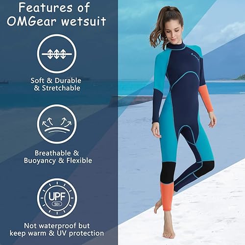 Miniatura 4 de OMGear Traje de neopreno para hombres y mujeres, 0.118 in, cuerpo completo, protección UV, una pieza, manga larga, trajes de buceo, traje de baño