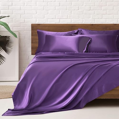 MR&HM Satin Bed Sheets, King Size Sheets Set, 6 Pcs Silky Bedding Set with 15 Inches Deep Pocket for Mattress(King, Lavender)