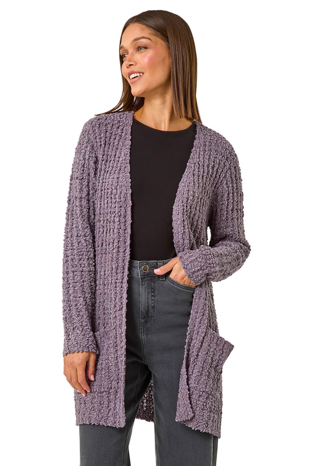 Roman Originals Women's Grey Popcorn Textured Longline Cardigan For Uk - Everyday Autumn Winter Comfy Soft Evening Vacation Work Party Night Out - Ash - Size 14