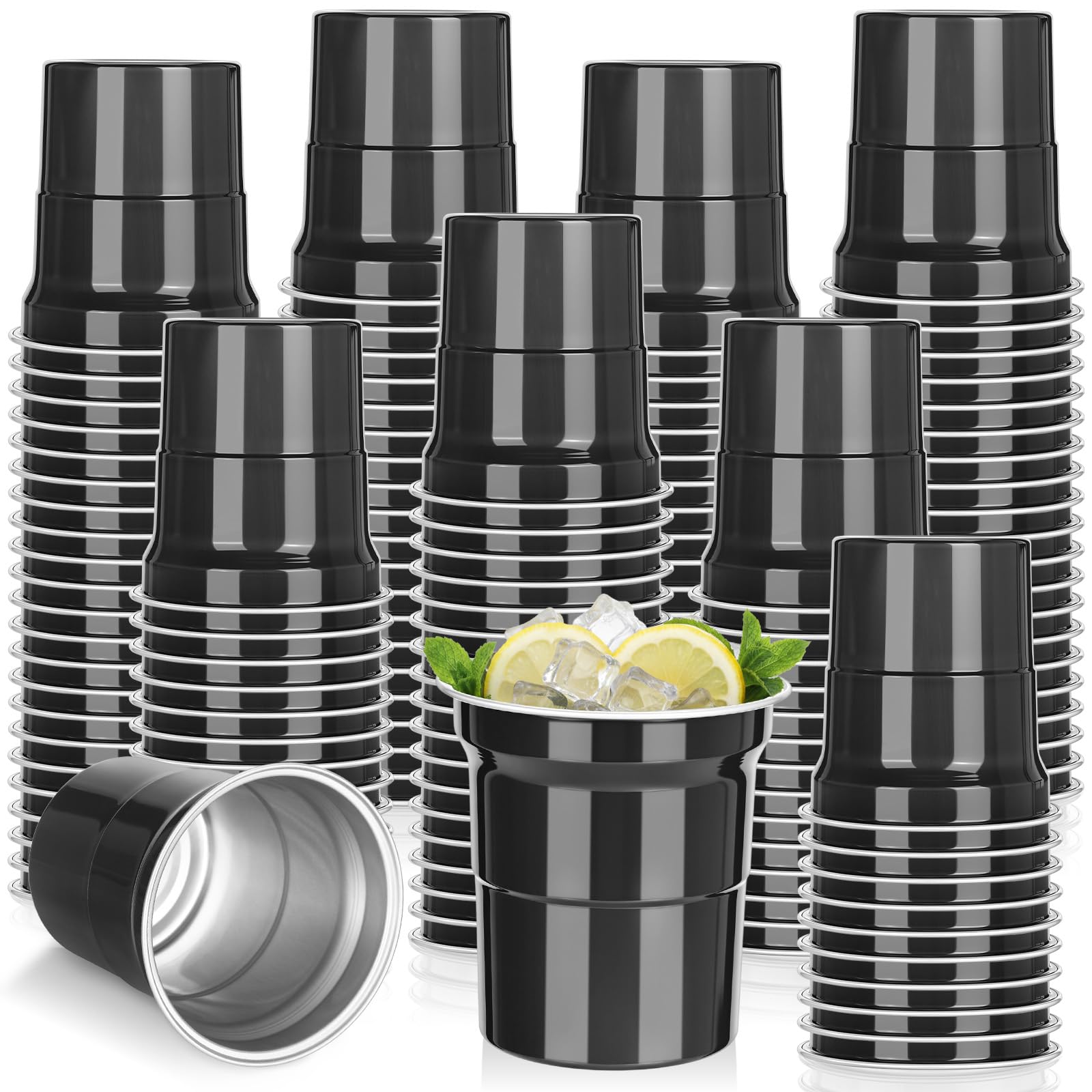 Photo 1 of Acellegic 100 Pcs Aluminum Cups Bulk Black 16 oz Metal Recyclable Aluminum Drinking Cups Disposable and Reusable Cold Drinks Coffee Beers Cup for Outdoor Events Family Festival Party