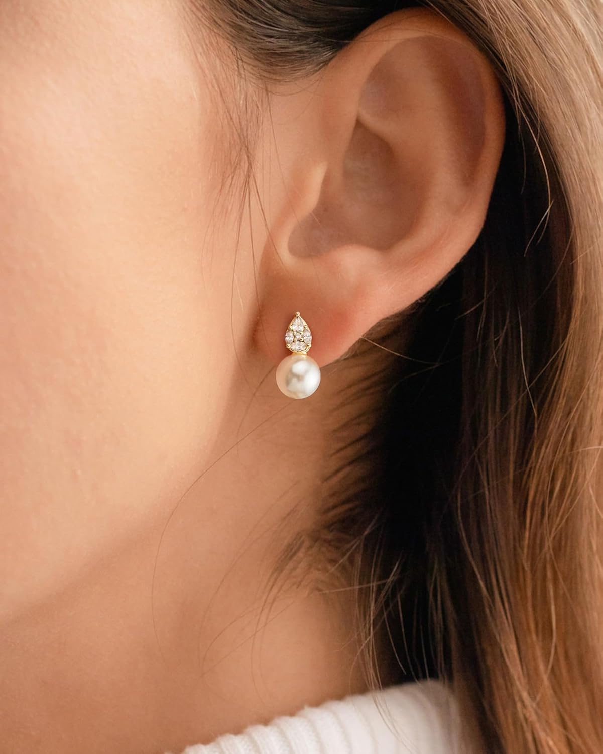 Pearl Earrings: 14k Gold/White Gold/Rose Gold Plated Cubic Zirconia Accented Pearl Drop Dangle Wedding Engagement Earrings For Women Bridal Bridesmaid - Image 3