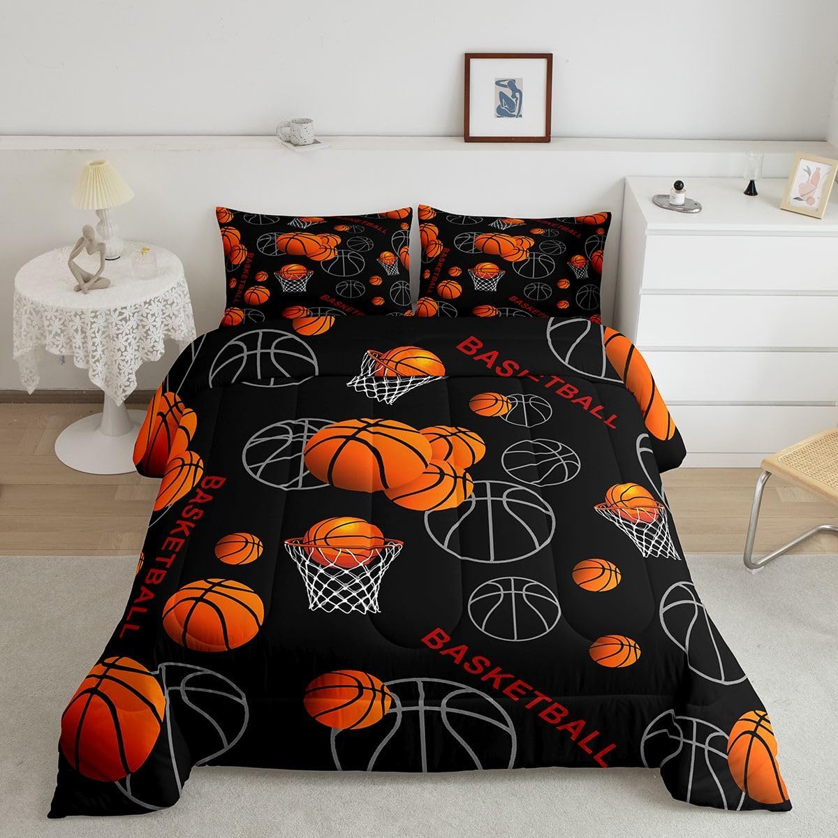 Erosebridal Basketball Full Bedding Set - Sports Themed Comforter Set with 3 Pieces and 2 Pillow Cases in Orange and Black