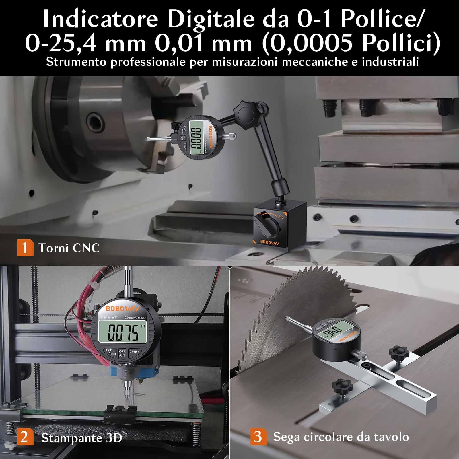 Comparatore Centesimale Digitale 0-25.4mm/1",Alta Precisione 0.01mm/0.0005" Display LCD,Commutabile mm e Pollici,Azzeramento,Indicatore Digitale per Torni CNC e Stampa 3D