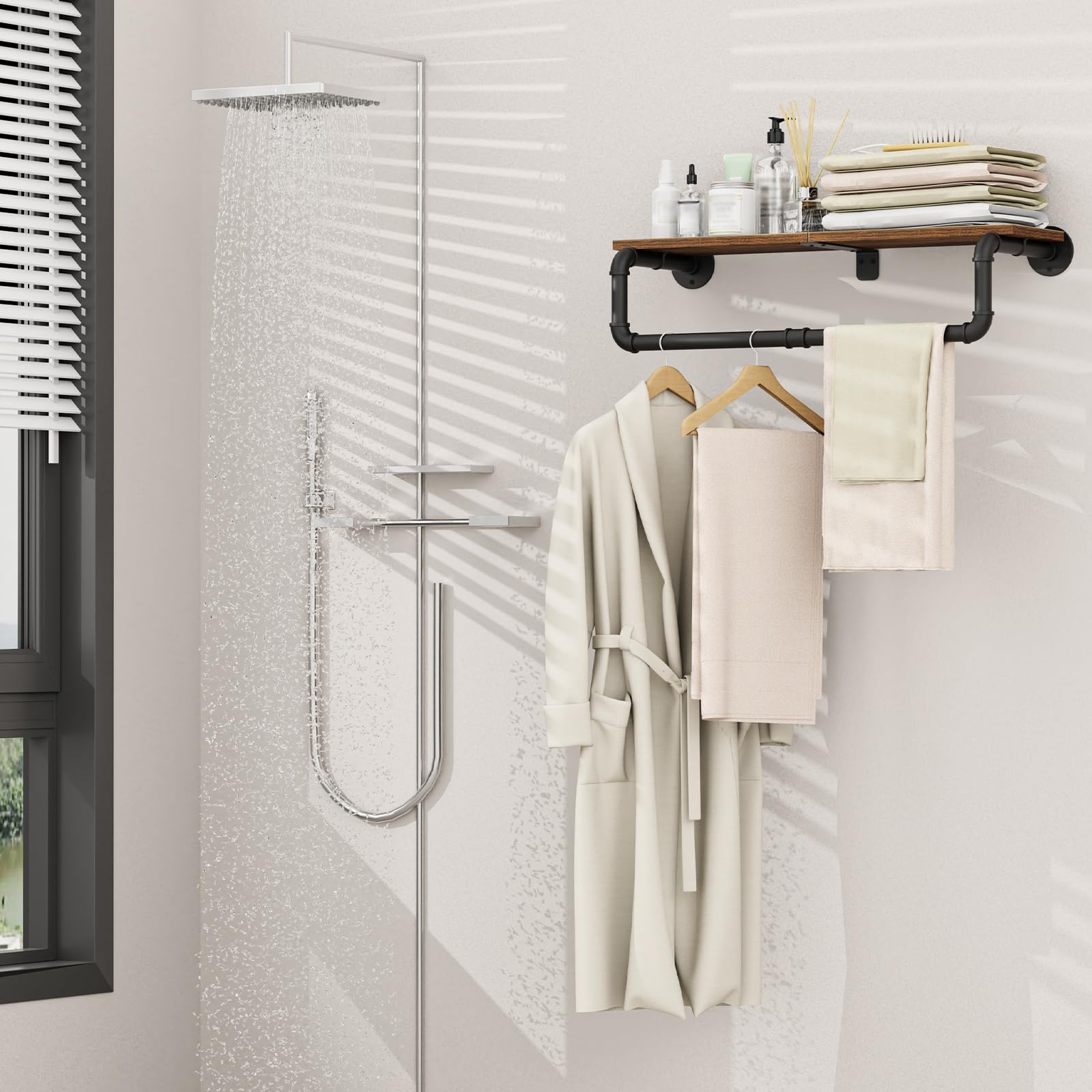 Perchero industrial de tubería con estante superior, postes de armario para colgar ropa, percheros de hierro resistente para montaje en pared, 27.6 x 10.2 x 5.9 pulgadas, negro 6