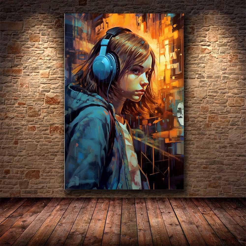 TERUEA Quadro su Tela arte Stampe da Parete, Amante Musica Astratto Cuffie ritratto, immagine femminile per camera da letto delle(Blu)-60x90cm Incorniciato