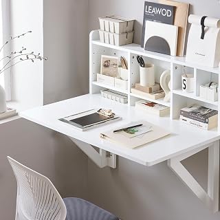 SoBuy Haotian Wall Mounted Folding Table FWT07-II-W - Foldable Floating Desk with Adjustable Shelf for Small Spaces, White