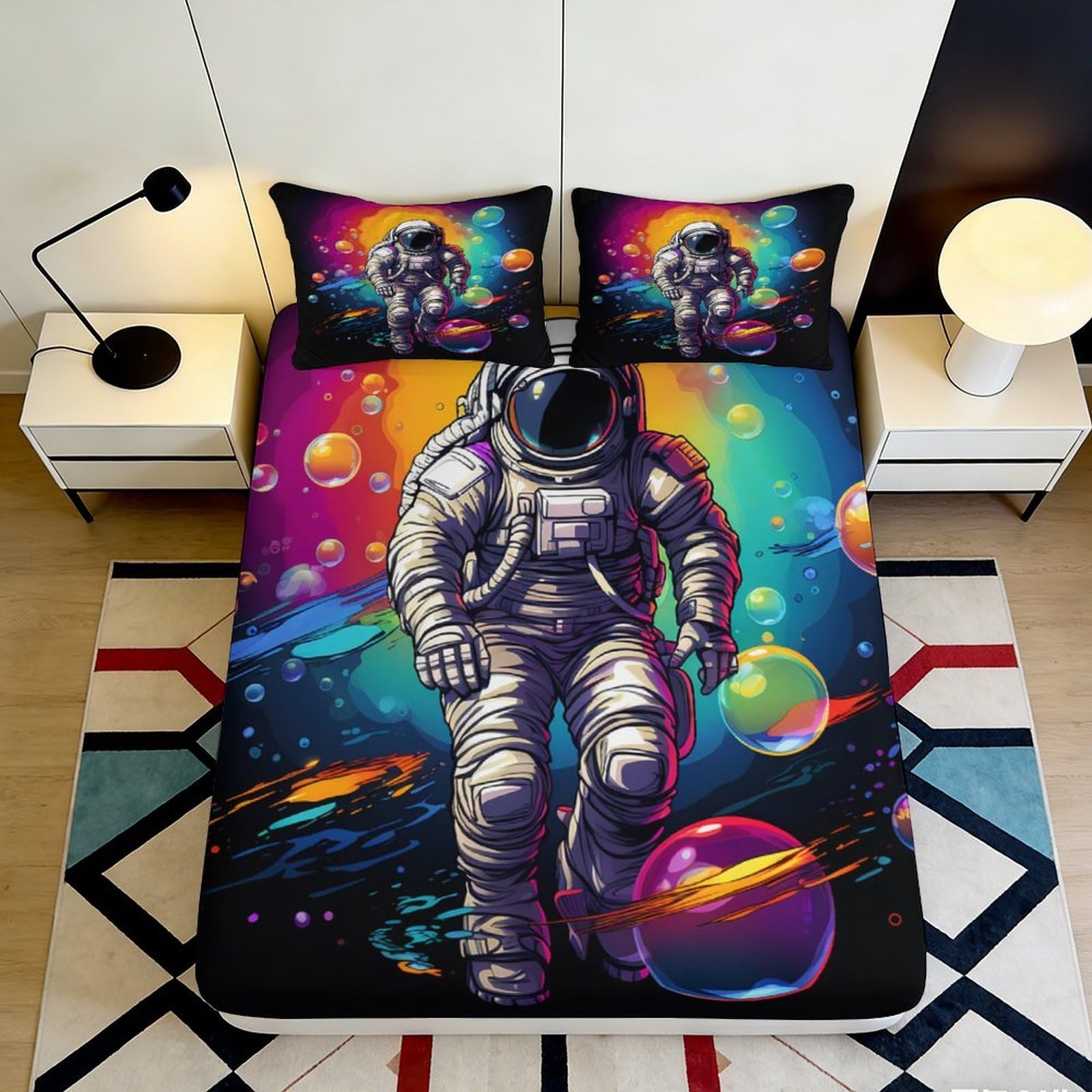 3D Printed Astronaut Pattern Fitted Sheet Microfiber Deep Pocket Elastic Hem Bedroom Bedding Astronaut Mattress Fitted Cover Washable for All Ages 200x200x25cm 90x200x25cm