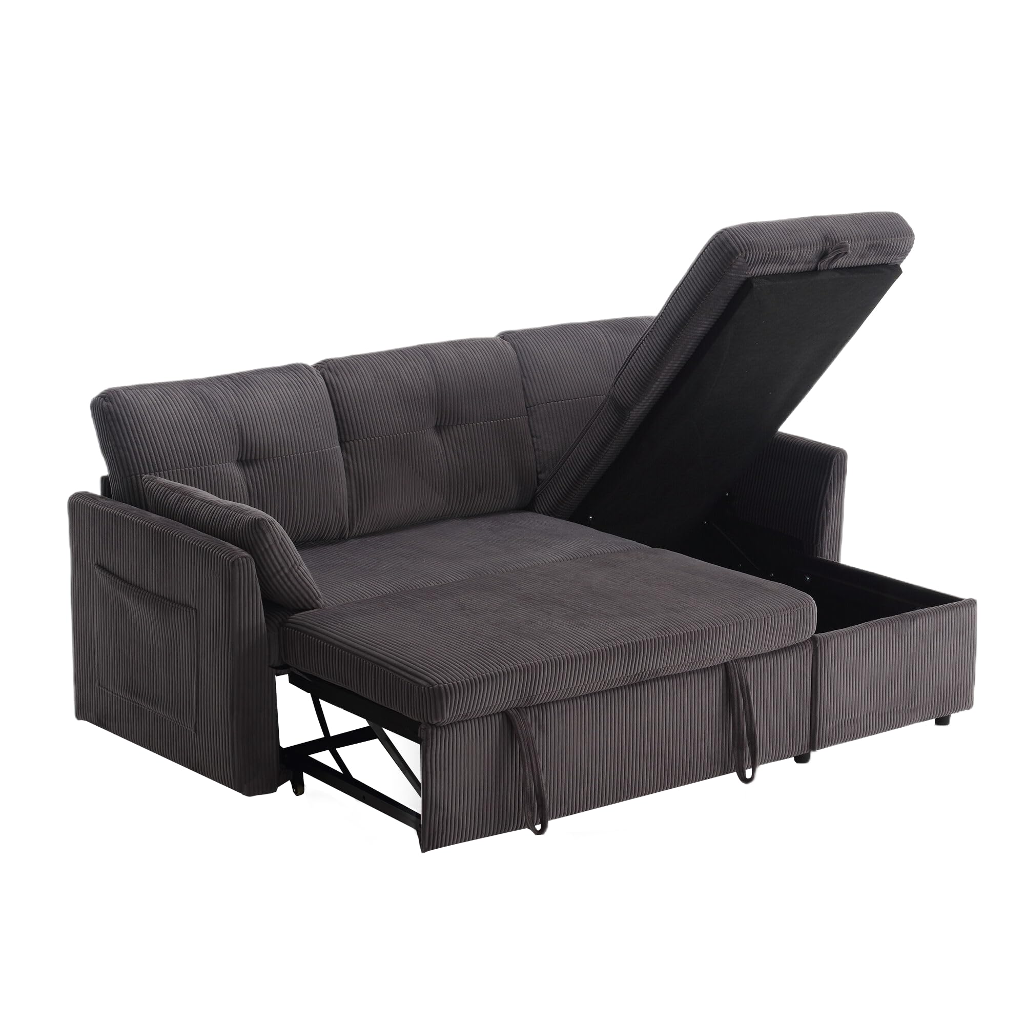 Divano letto modulare a 3 posti con vano portaoggetti – Divano in velluto a coste con funzione sleep & lettino estraibile | Divano letto a forma di L per soggiorno | Divano letto con contenitore