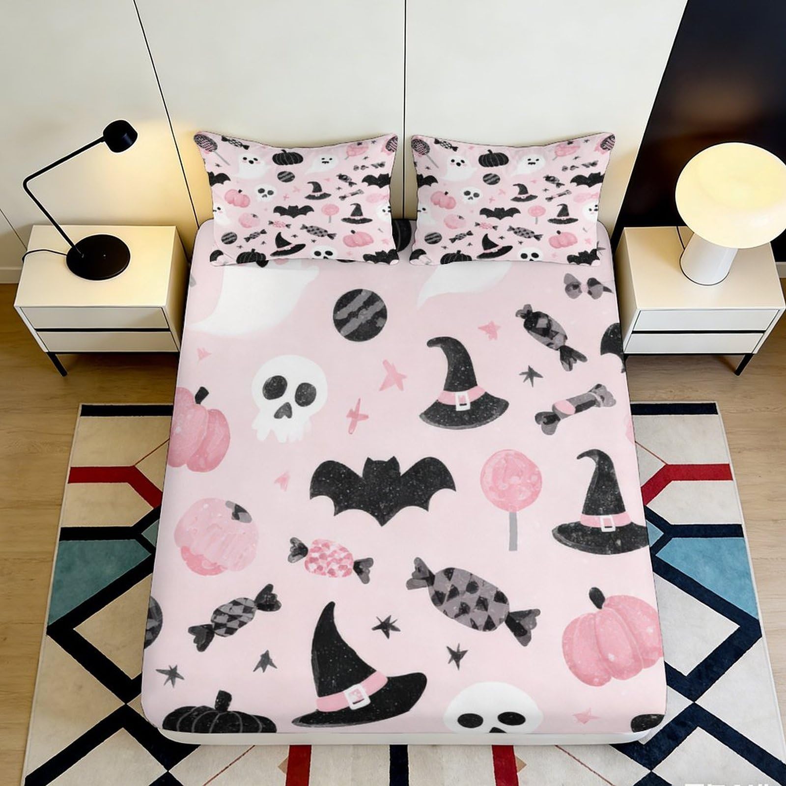 Jqzkxnhpbr Style-7 3D Printed Halloween Pink Bat Fitted Sheet Microfiber Soft Witch Candy Bed Cover Bedroom Decor 90X200x25cm