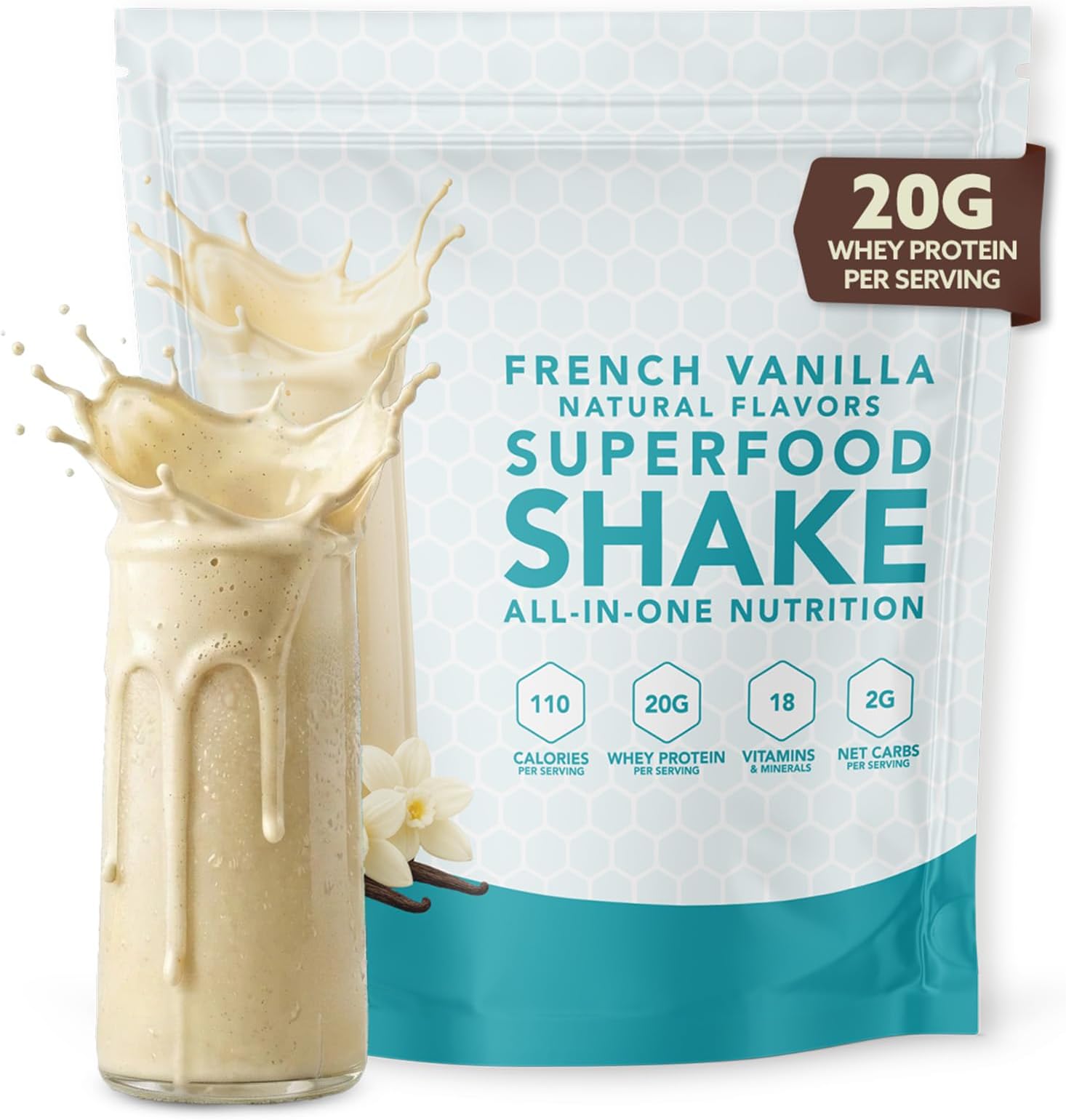 INVIGOR8 Superfood Grass Fed Whey Protein Isolate Shake French Vanilla Gluten-Free and Non GMO Meal Replacement with Probiotics and Omega 3 (645g)