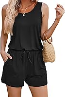 ADOME Women's Summer Sleeveless Scoop Neck Romper with Pockets - Casual Short Jumpsuit for Beach & Travel