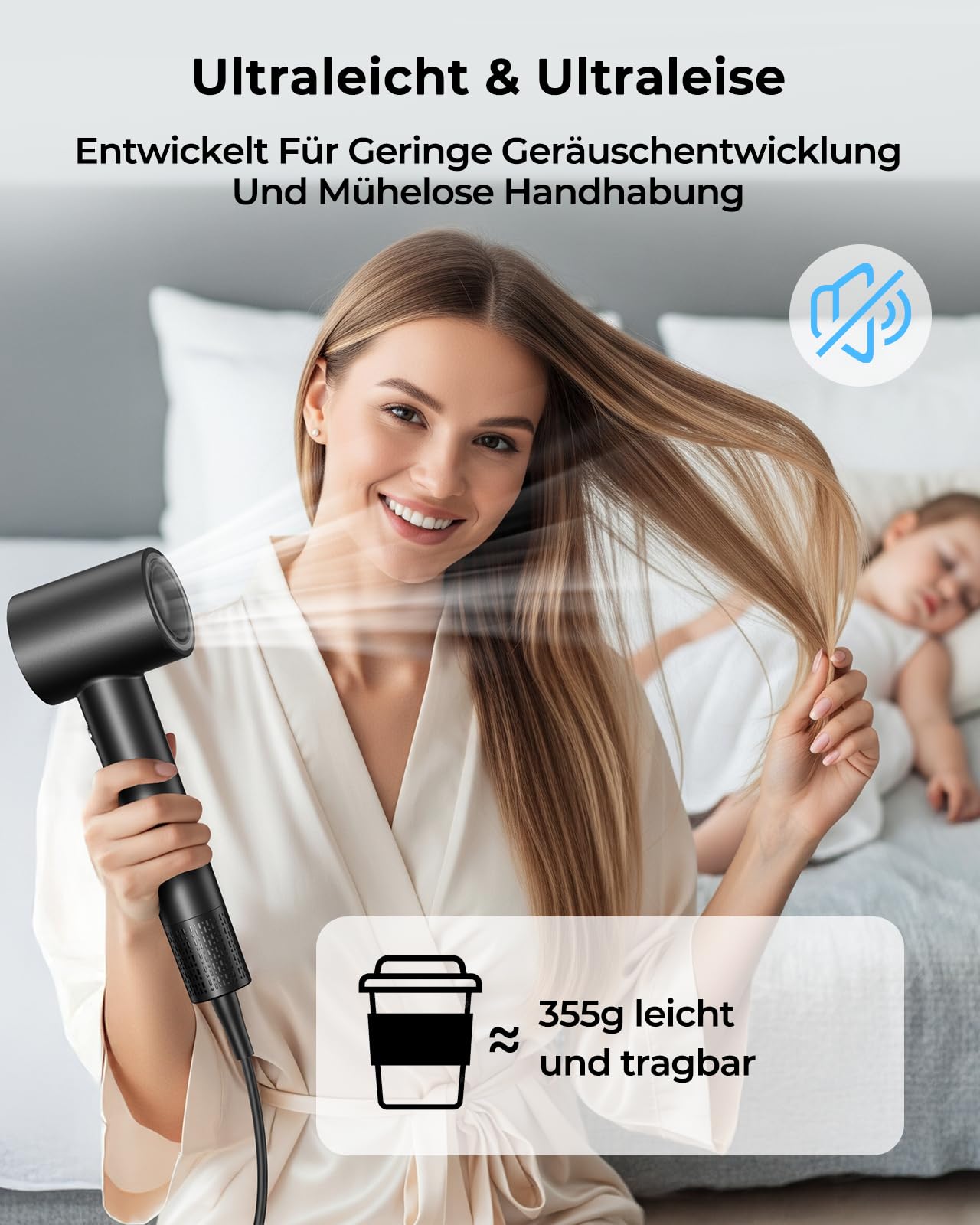 Hochgeschwindigkeits Föhn 160.000 U/min, Ionen Haartrockner mit 500 Millionen Negativ-Ionen, Anti-Frizz, NTC Temperaturregelung, schnell trocknend, geräuscharm mit magnetischem Diffusor & Konzentrator
