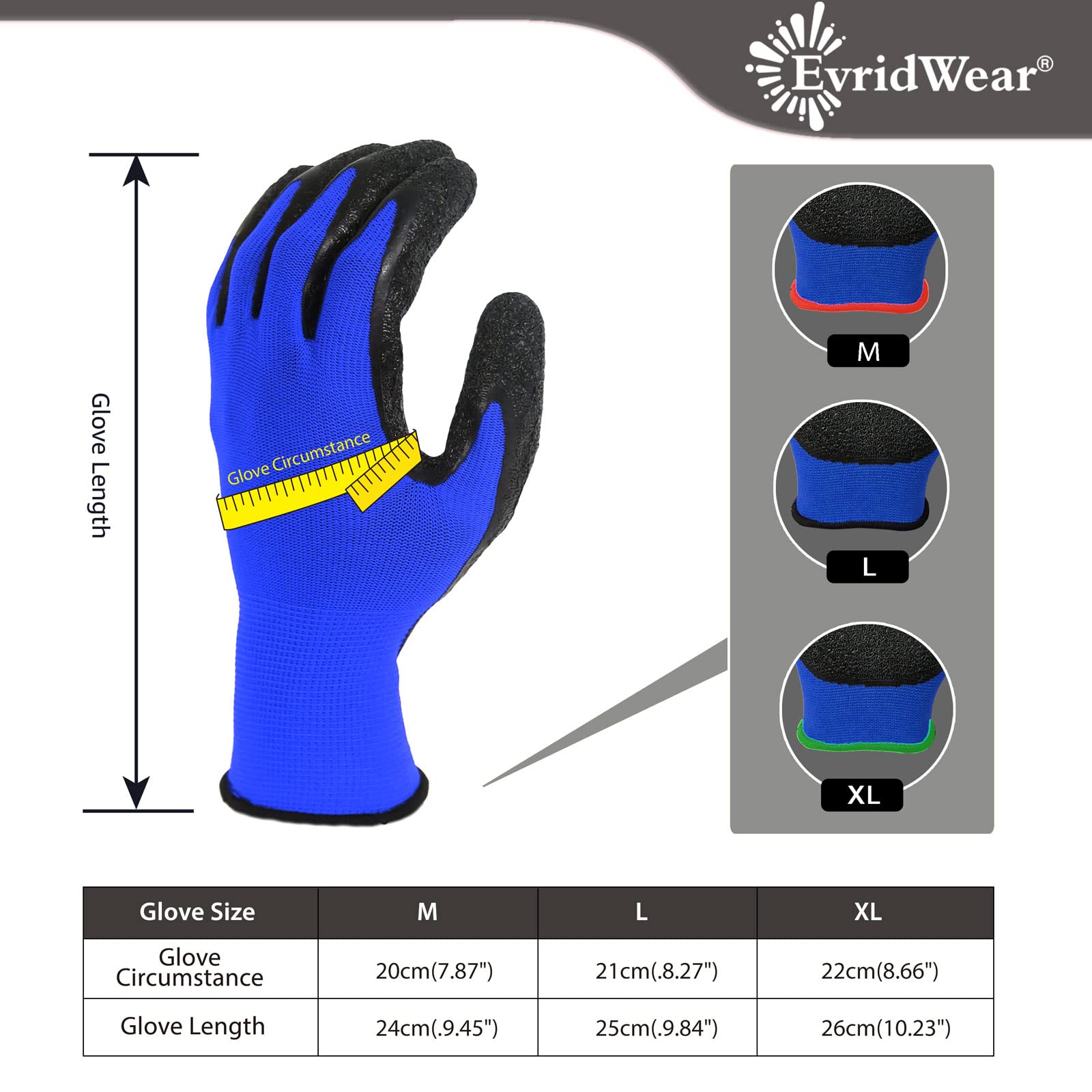 EvridWear Rękawice robocze z ręcznie powlekanego lateksu (L, niebieskie)