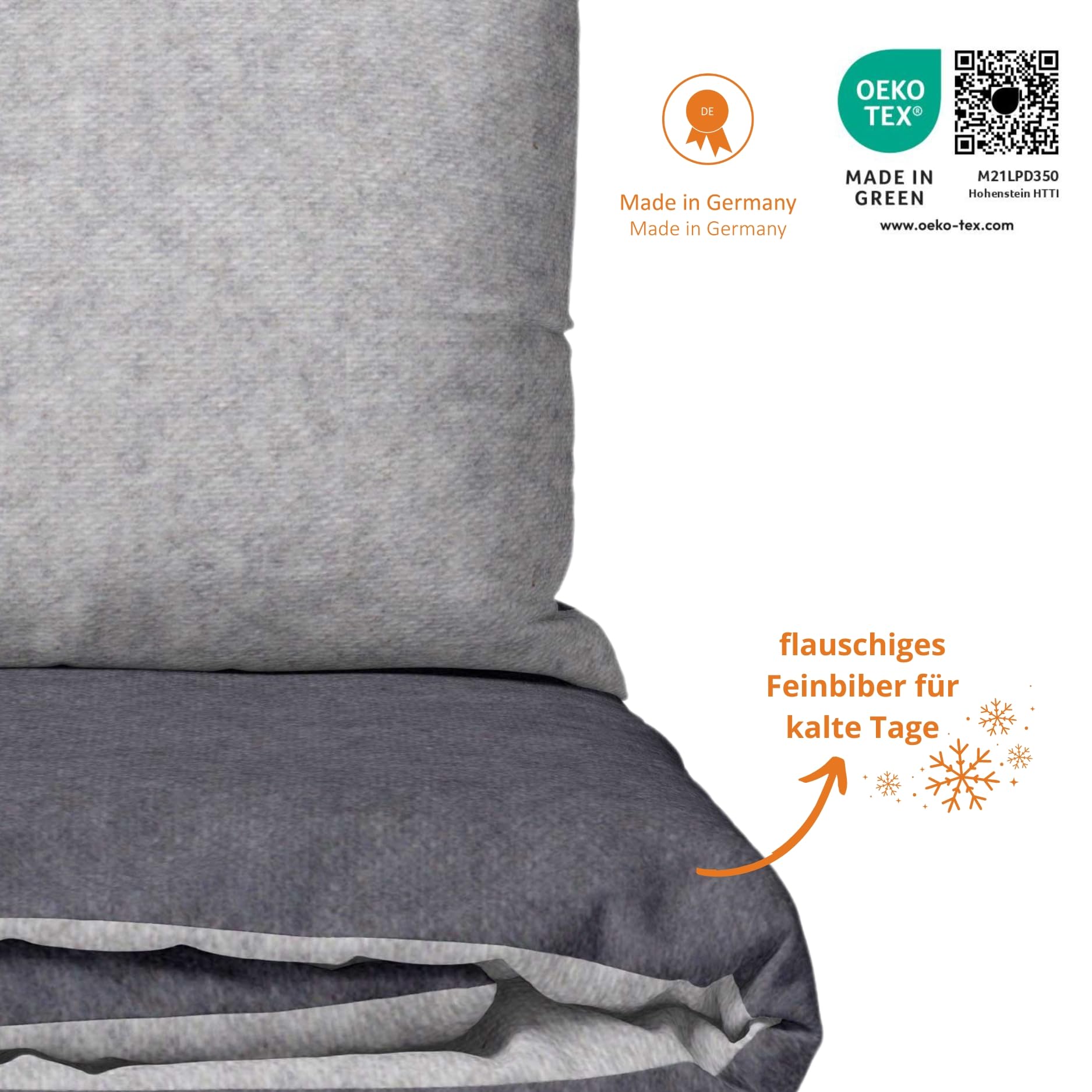 sleepling Feinbiber Bettwäsche, Winterbettwäsche 2-teiliges Set Bettbezug 155x220cm + Kissenbezug 80x80cm, Wendebettwäsche, 100% Baumwolle, Made in Germany, Oeko-TEX, Waschbar, Dunkelgrau Hellgrau