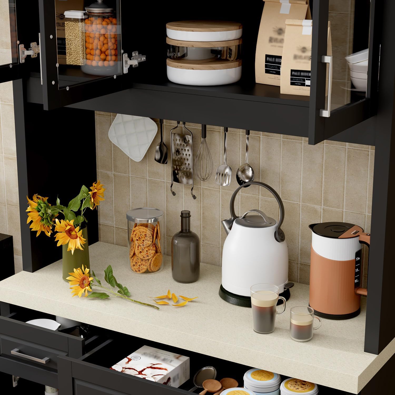 Timechee Cupboard, Kitchen Pantry Storage Cabinet, Modern Food Pantry Cabinet with 2 Drawers, 3 Glass Doors and Metal Handles for Kitchen, Bathroom, Black + Beige(18.7" D x 47.6" W x 82.7" H)