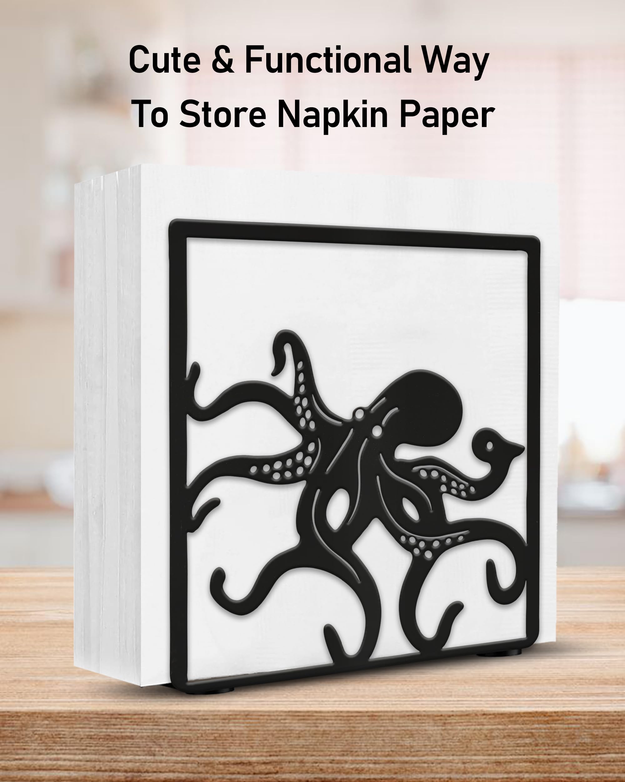Wigag Octopus Napkin Holder for Table Countertops, Matte Black Decorative Standing Napkin Dispenser for Kitchen Dining Outdoor, Farmhouse Metal Paper Cocktail Napkin Storage Holder